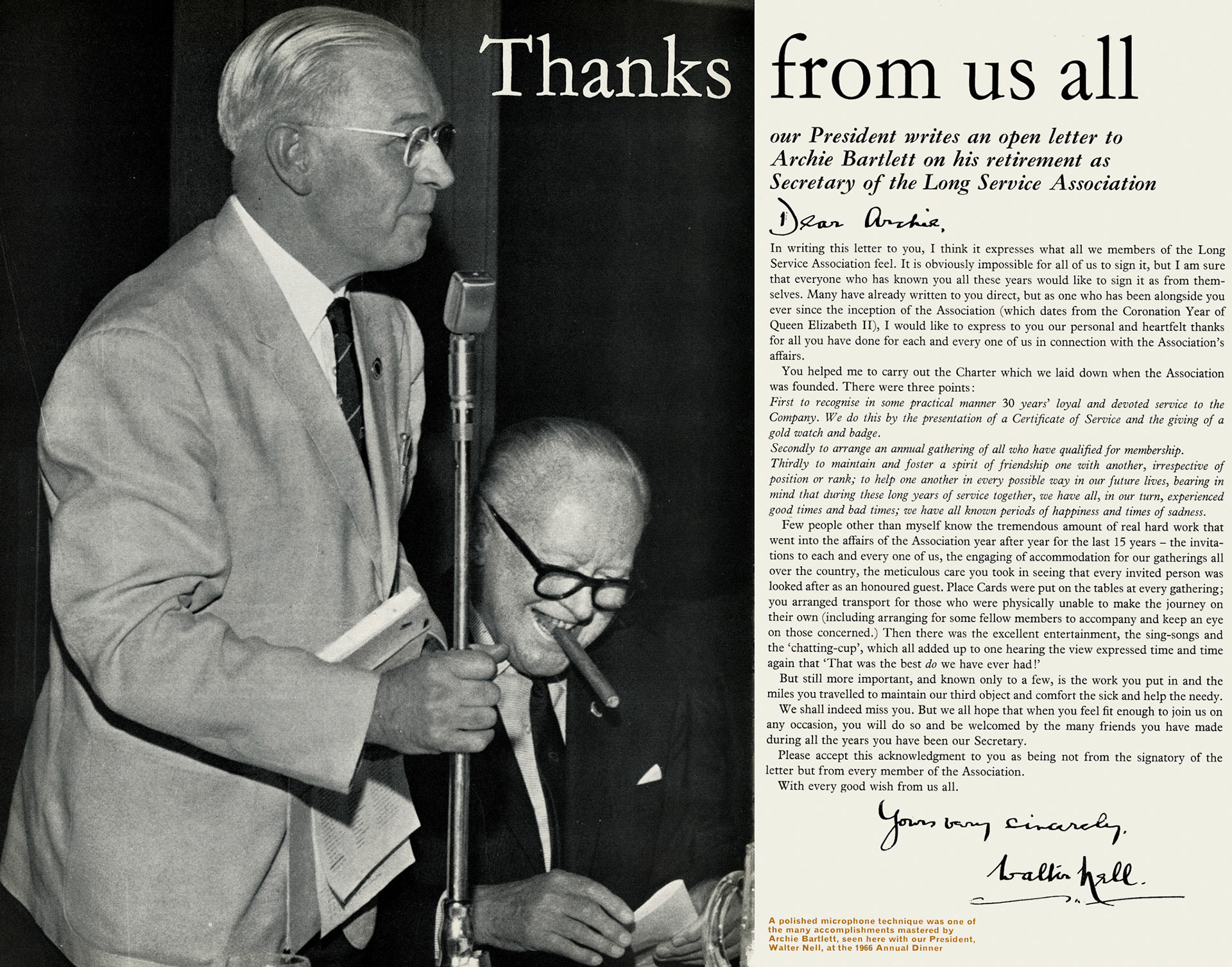 1968 Walter Nell writes to Archie Bartlett when he retires from the Long Service Association. (Express News Spring)