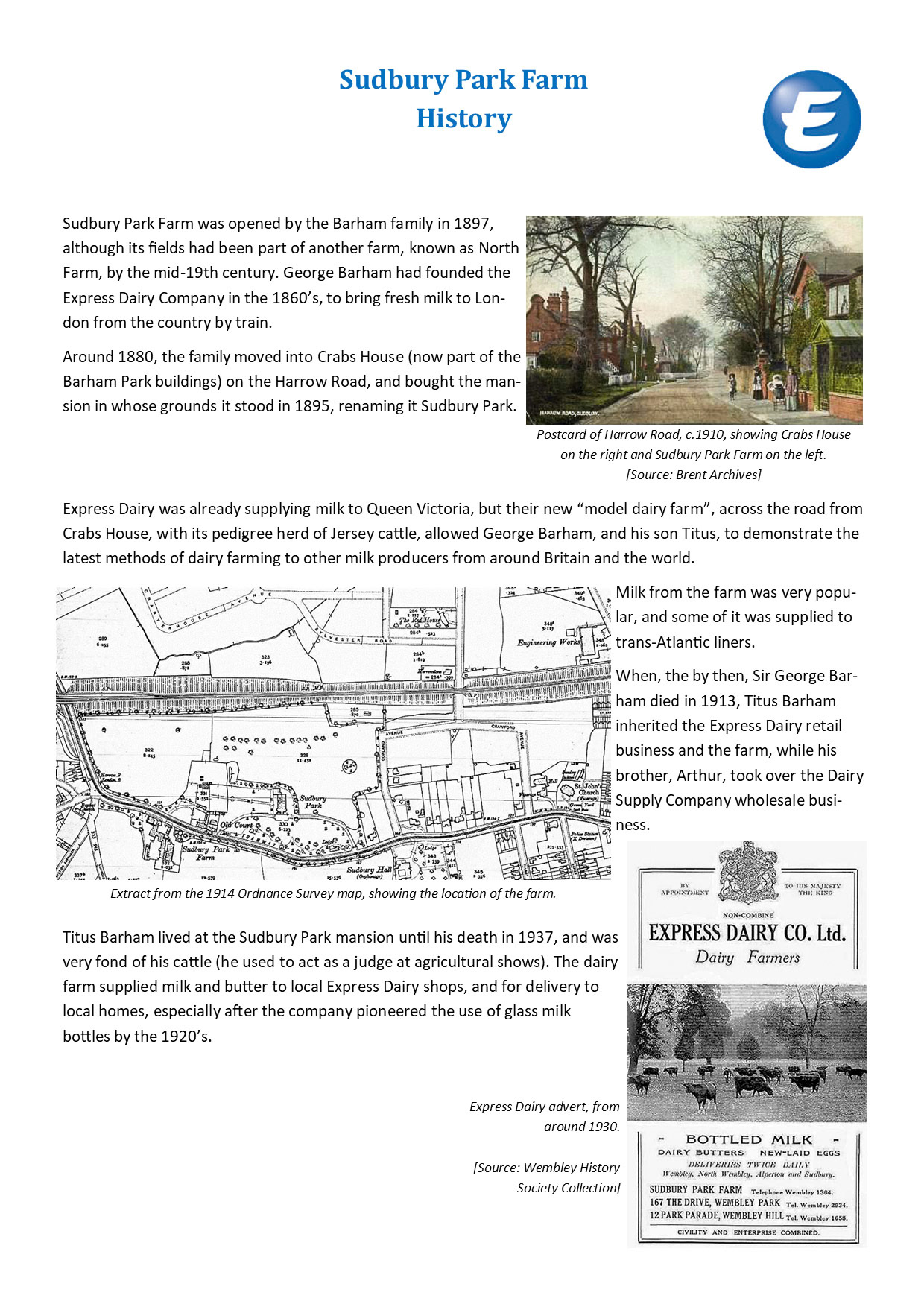 Sudbury Park Farm History, prepared from information from Philip Grant, Wembley History Society
