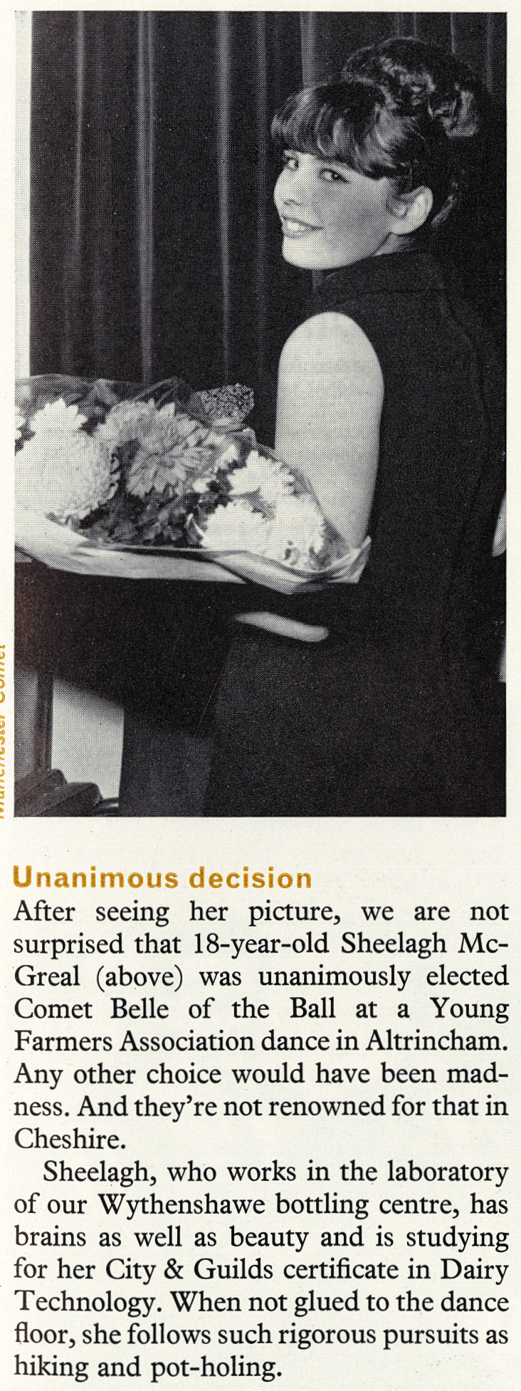 1966 Laboratory worker at Wythenshawe processing dairy Sheelagh McGreal voted Belle of the Ball in Altrincham (Courtesy Beryl Purslove)