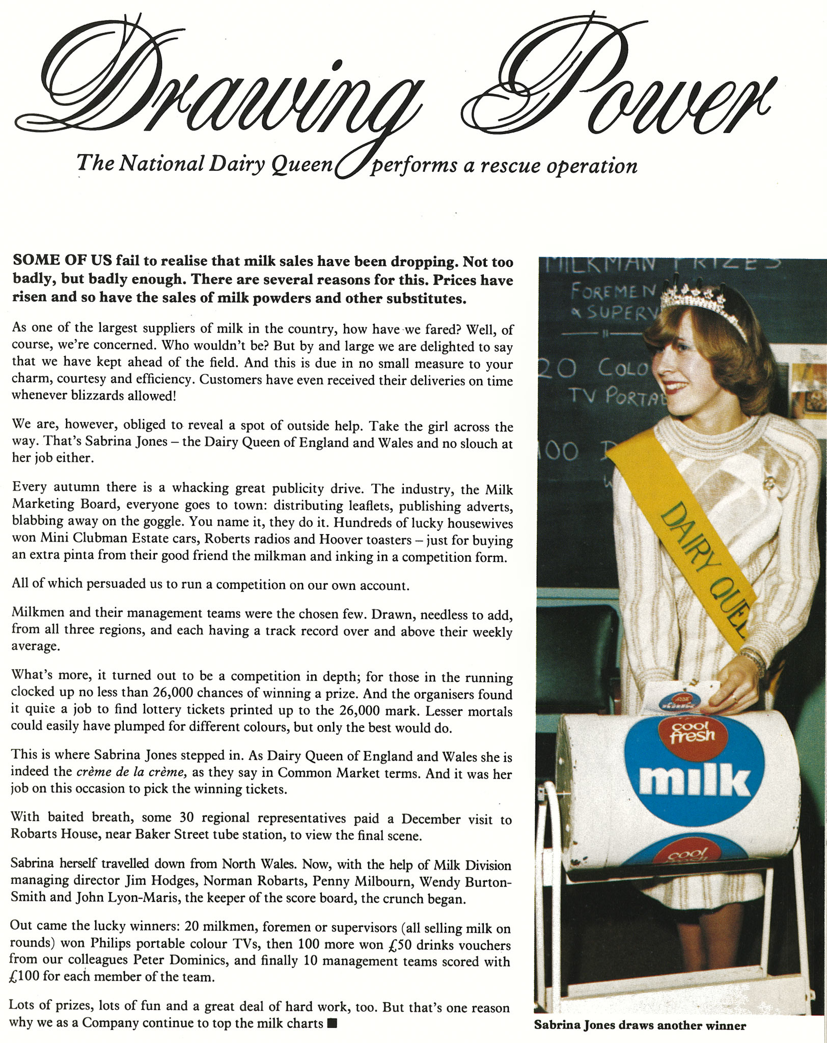 1979 National Dairy Queen Sabrina Jones picks milk sales winners, at Robarts House. (Express News Spring)