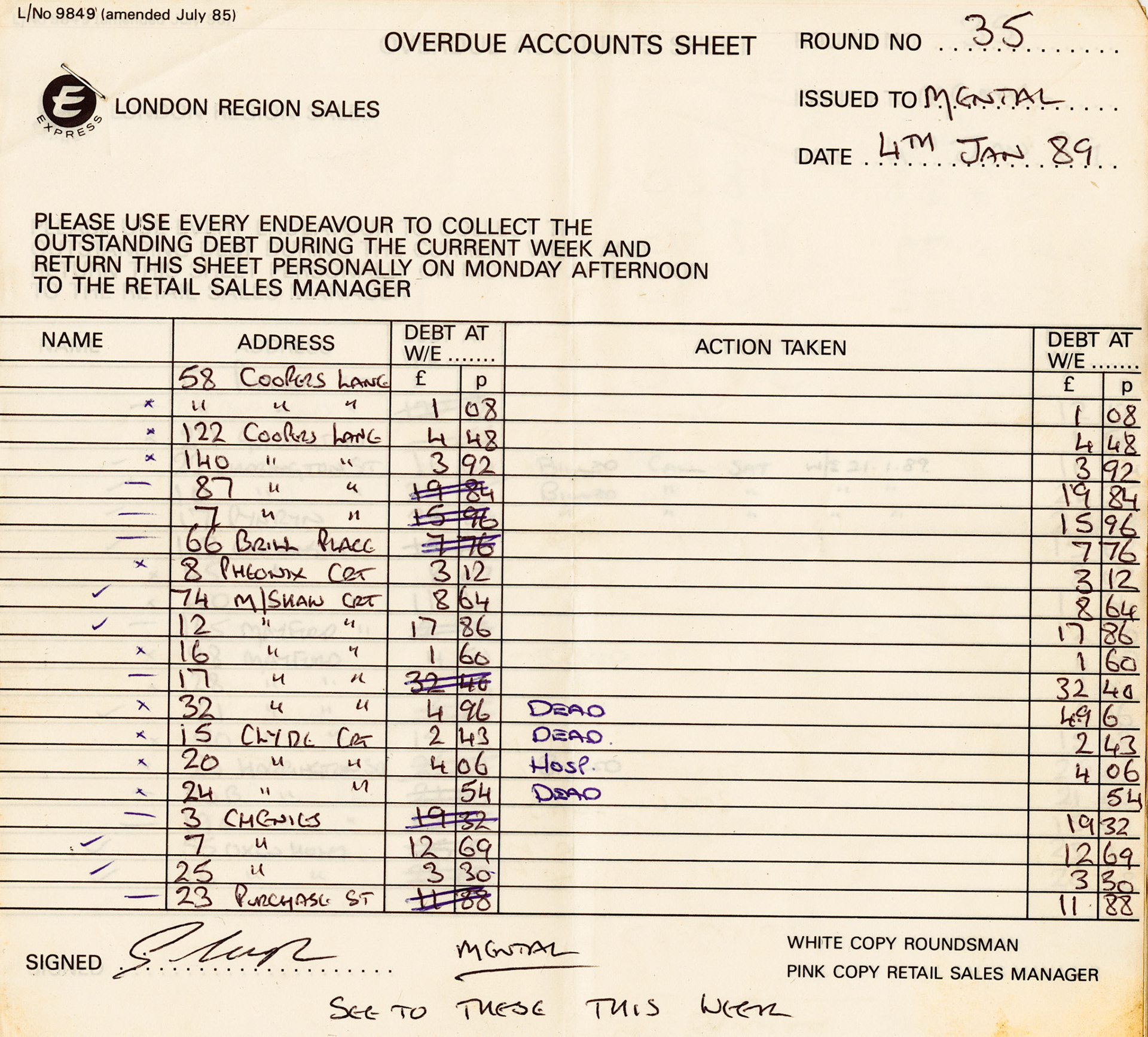 1980's Overdue Accounts Sheet - Bloomsbury (Courtesy Michael Aldread)