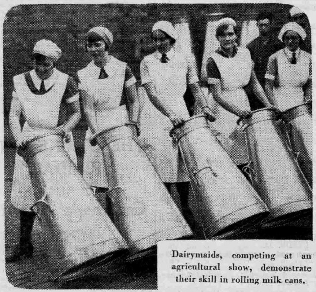 1937, Dairymaids rolling 17 gallon churns, from an article in Leeds Mercury - Friday 25 June. (Courtesy BRITISH LIBRARY BOARD)