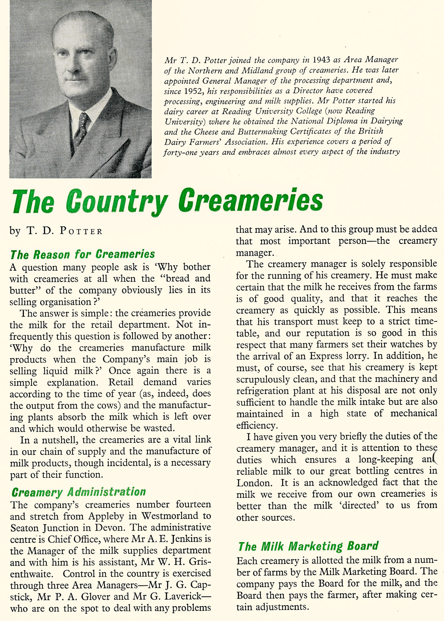 1956 article about Country Creameries, by T.D. Potter, Director of the Milk Supplies Department. (Express News April)
