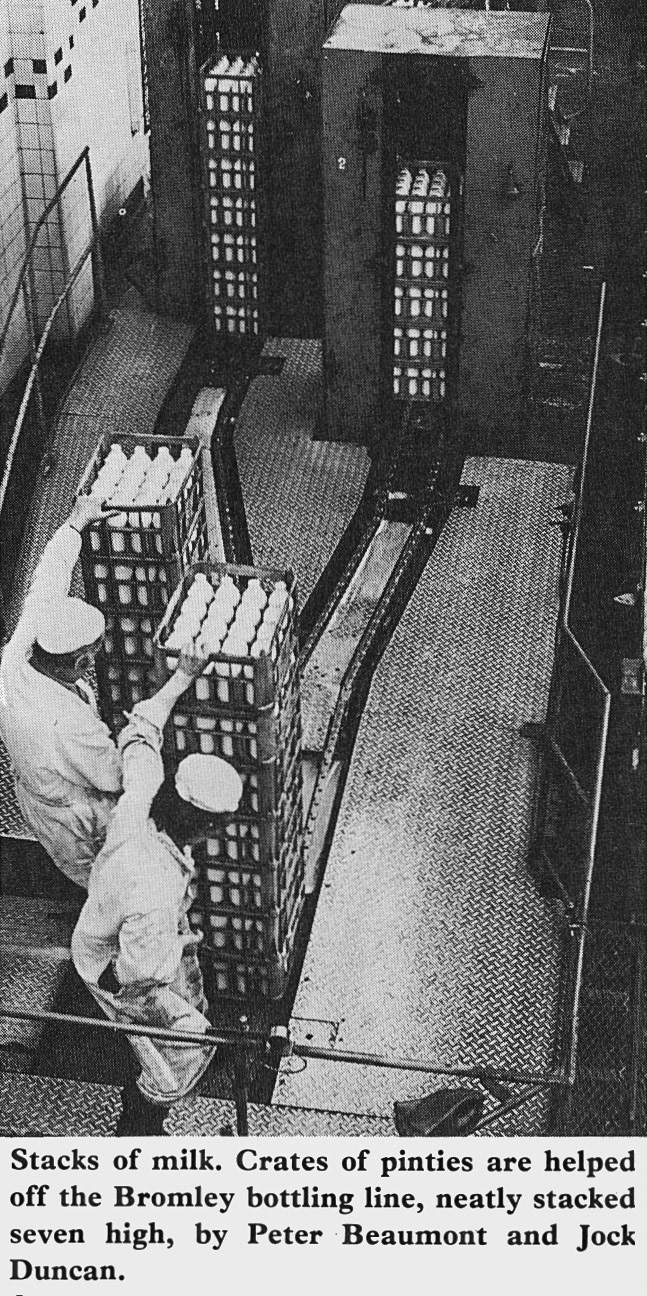 1979 Bromley Processing-Peter Beaumont and Jock Duncan at the crate stacker. (Express News Summer)