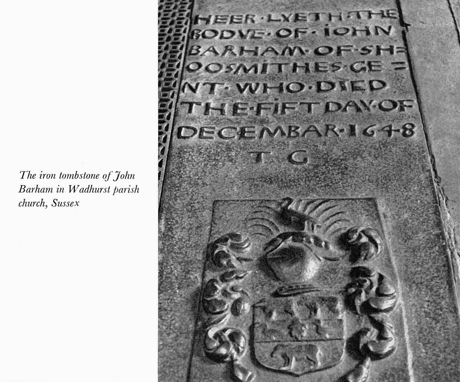 Express Journey (Book) 1964 - The iron tombstone of John Barham in Wadhurst parish church, Sussex. The Barhams owned Snape Farm in Wadhurst, listed in1886 as one of Express Dairy's farms and stock farm.
