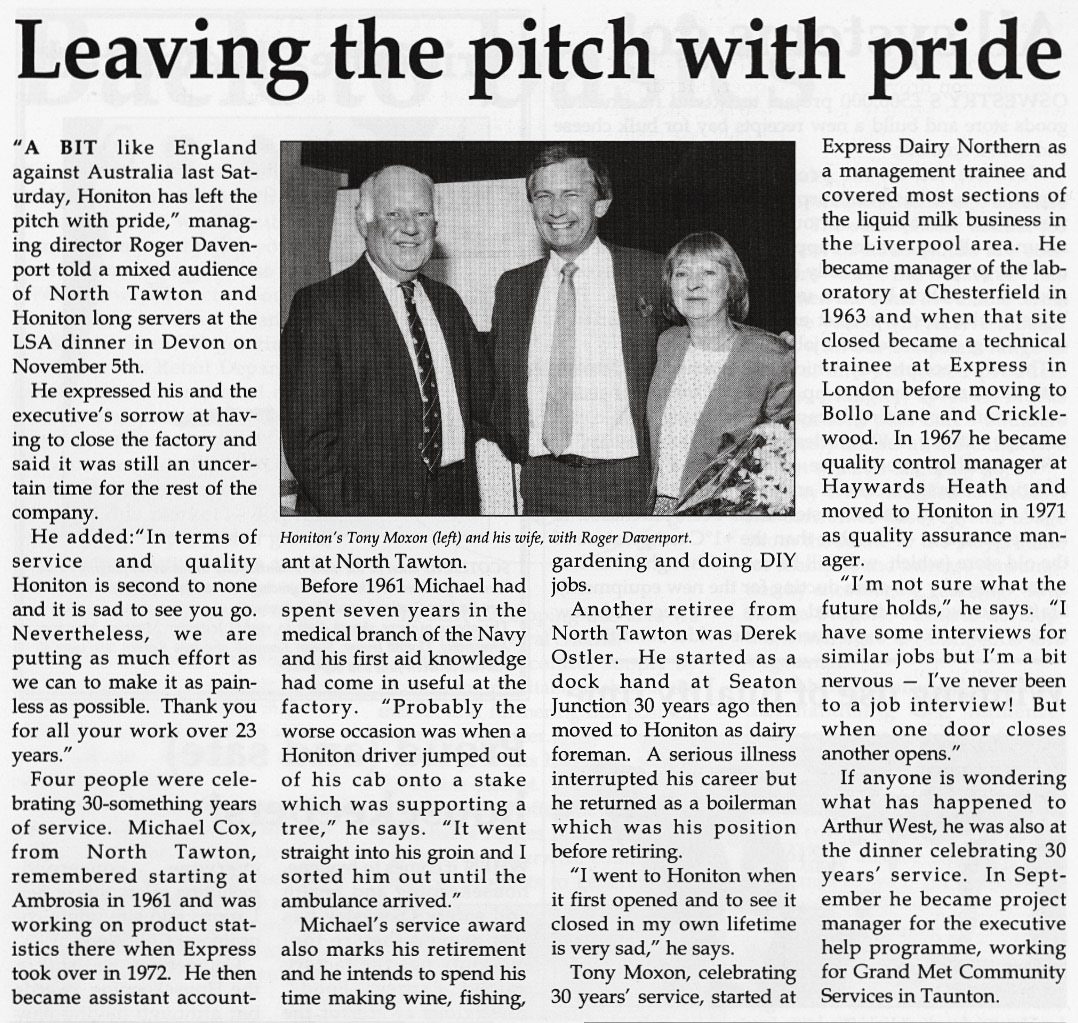 1991 Long service dinner for North Tawton and Honiton, includng retirement of Derek Ostler and Tony Moxon.