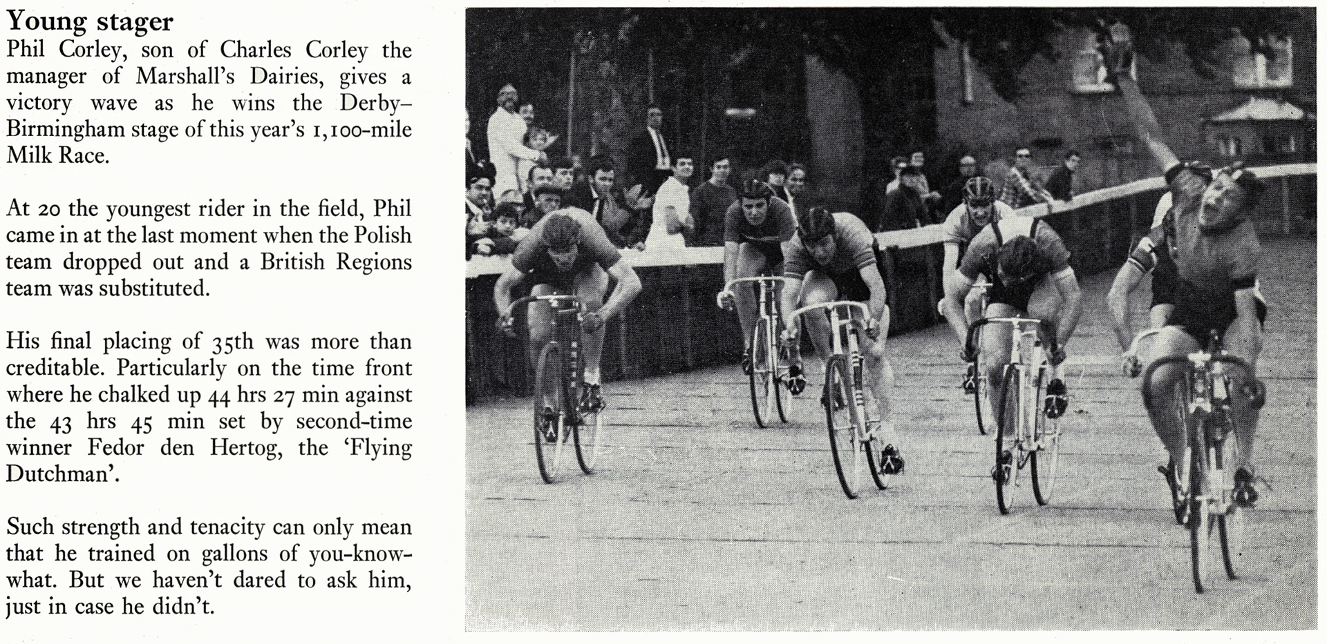 1971 Phil Corley, son of Marshall's Dairies manager Charles Corley, wins a stage of the Milk Race (Courtesy Doreen Williams)