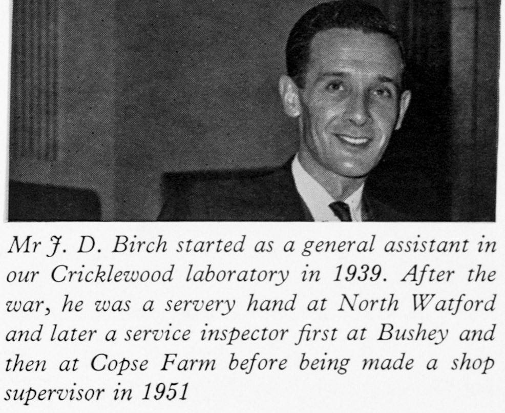 1961 Mr J.D. 'Joe' Birch started as Cricklewood Laboratory Assistant in 1939, following war service he became Servery Hand at North Watford, Service Inspector at Bushey and Copse Farm, then Shop Supervisor in 1951. Now appointed Training Principal for women recruits. (Express News Autumn)