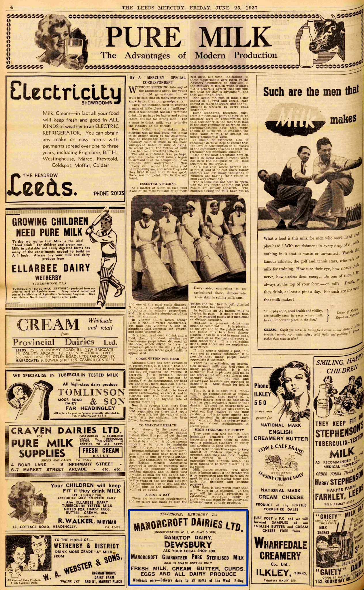 1937 Full page milk feature in Leeds Mercury, including advertisement for Manorcroft Dairy. (Courtesy of THE BRITISH LIBRARY BOARD)