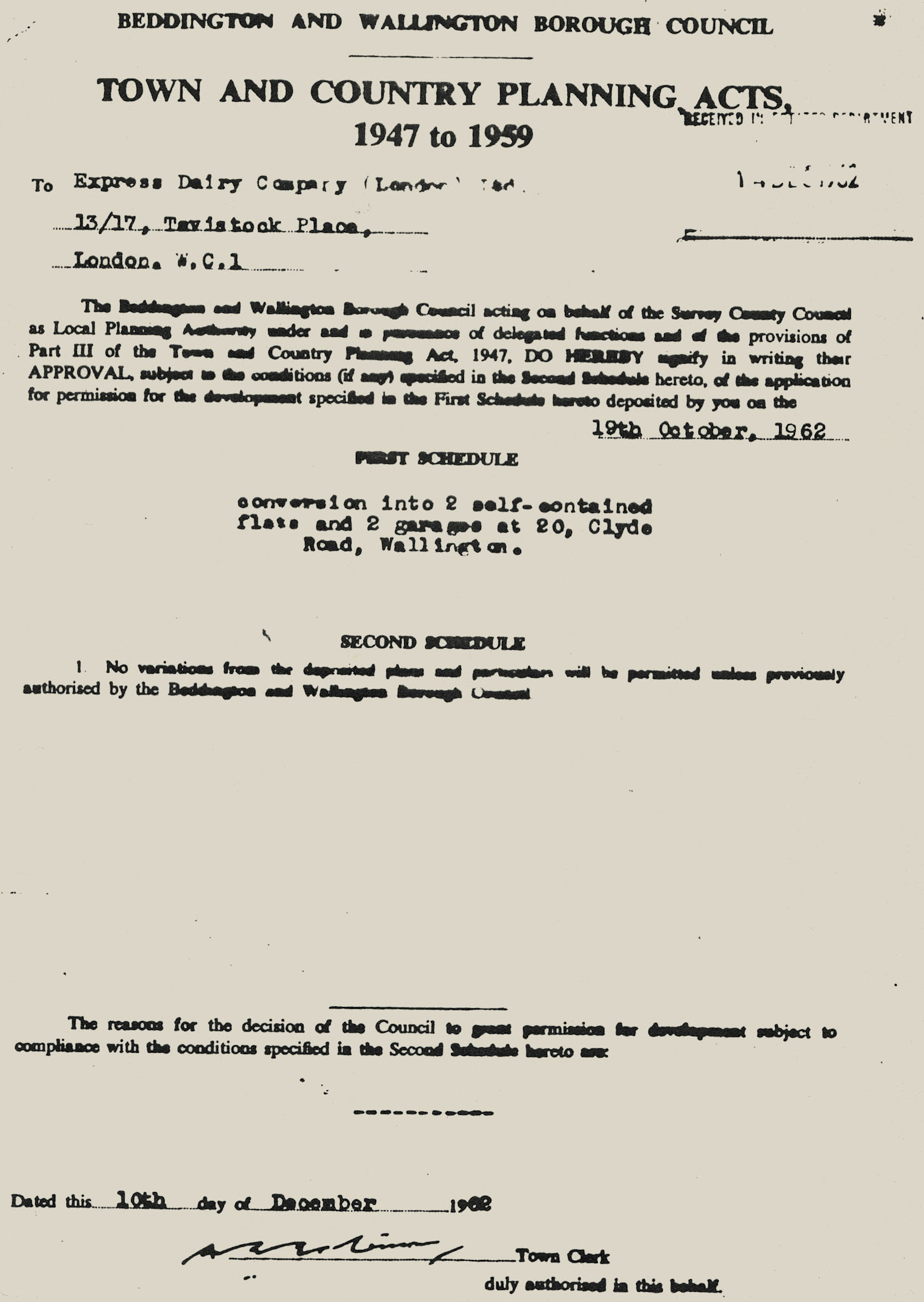 1962 Express Dairy applied to convert 20 Clyde Road into two flats. The Carshalton Retail depot manager, and other Express managers including Dennis Watson and Mike Hodges lived here too. Peter Roper purchased it in 1983.