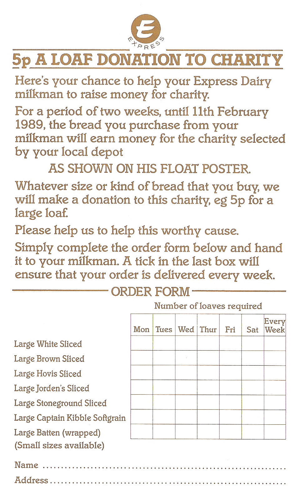 1989 Charity Bread promotion leaflet (Courtesy Paul Luke)