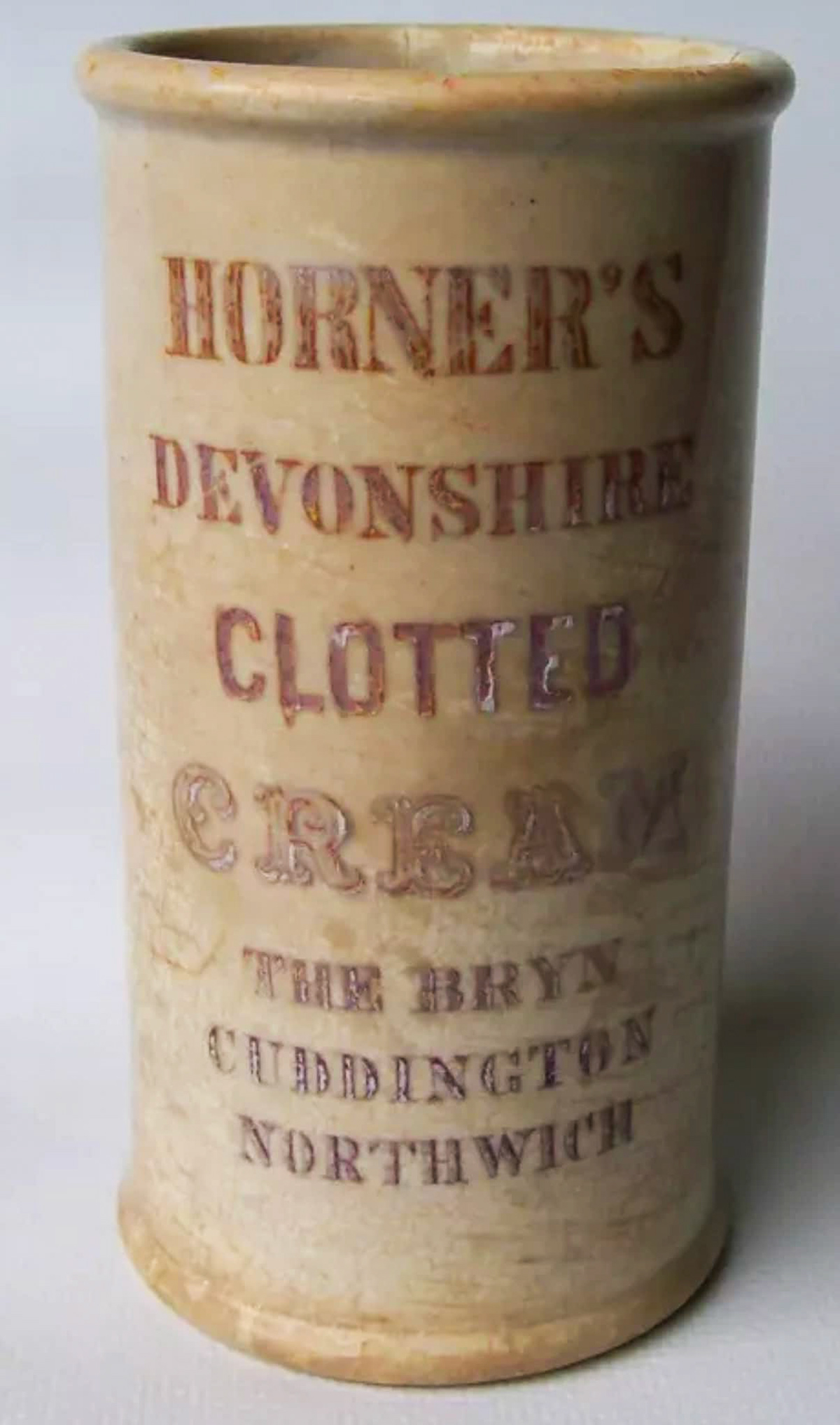 1890s? Horners Cream jar. Alex Dickinson comments "William Horner patented his clotted cream in September 1884. The pots were made in the Potteries and delivered to Acton Bridge along the Trent &amp; Mersey Canal." (Courtesy Clare Kay)