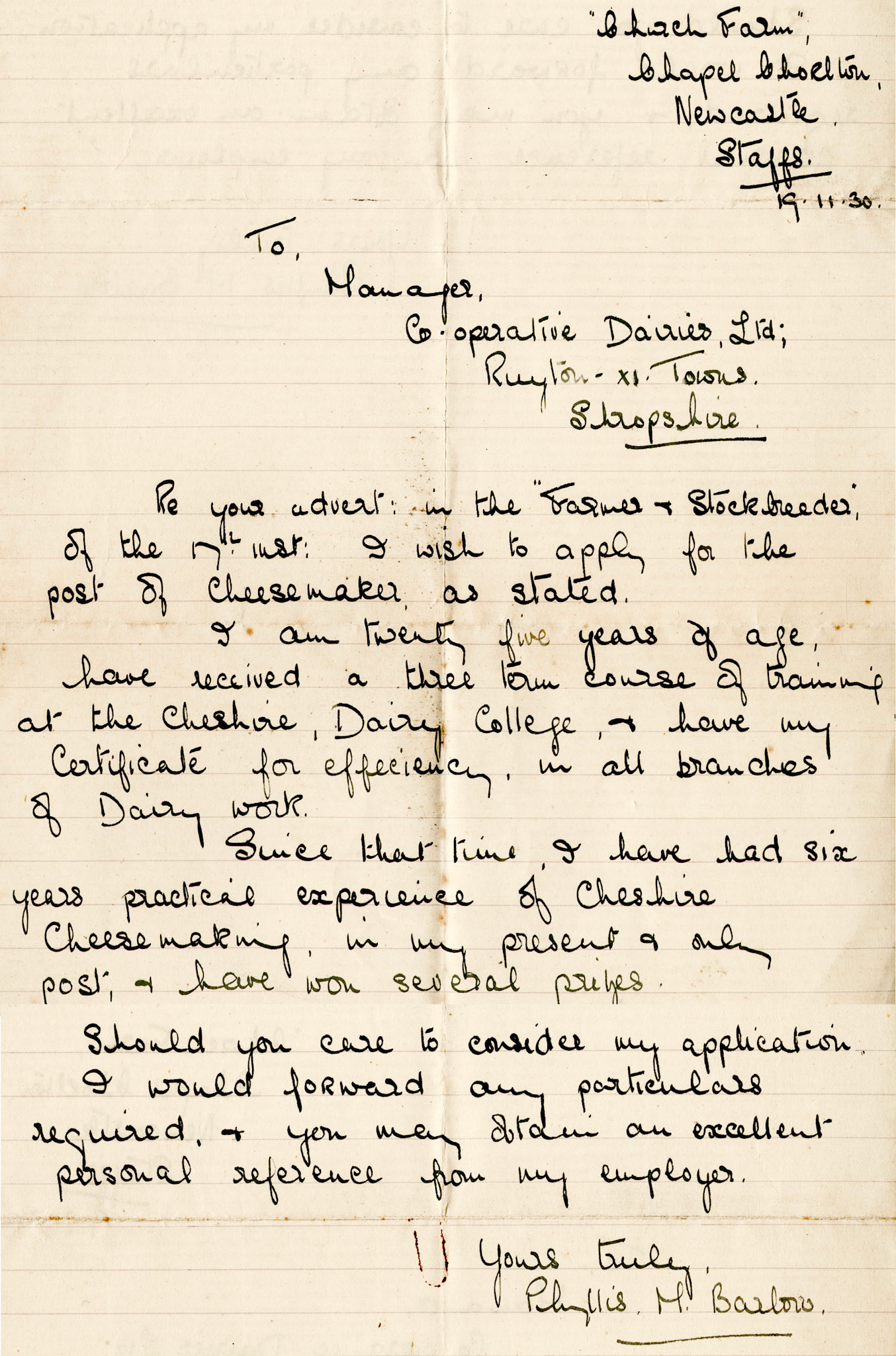 1930 Ruyton Co-operative Dairies-Cheesemaker Job Applications-Miss Phyllis M. Barlow.