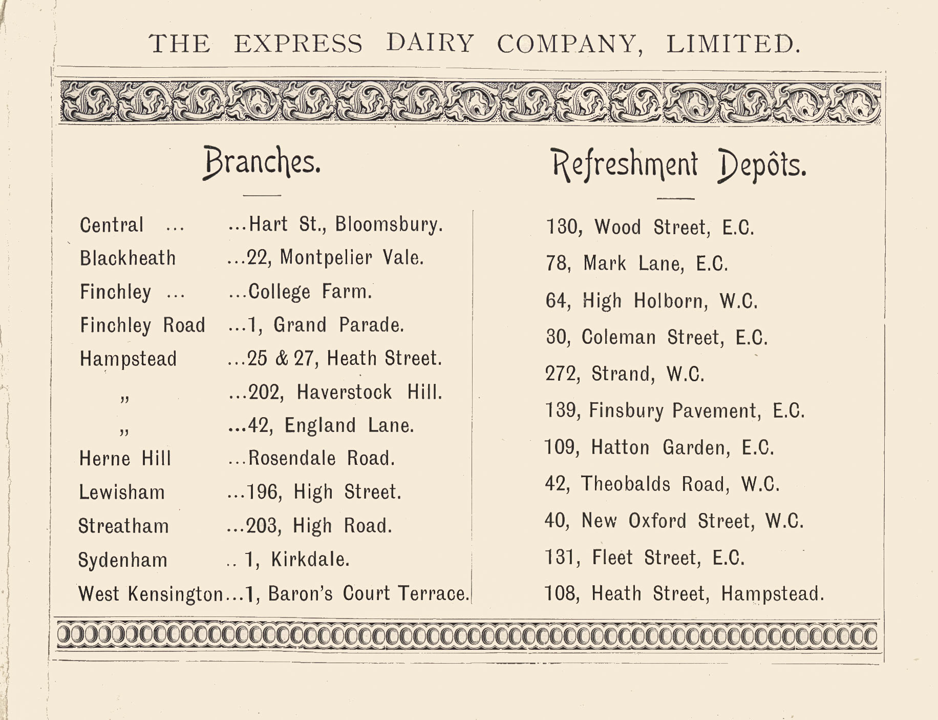 1893 Branches and Refreshment Depots. From 'Souvenir from Finchley' (Courtesy Brian Wastell)