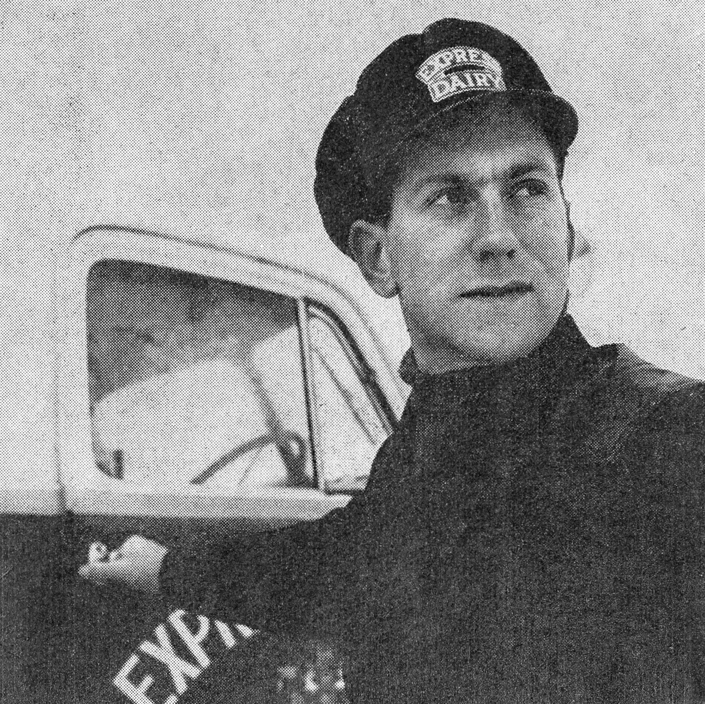 1956 Rowsley Creamery. "The time is 7am, temperature sixteen degrees F. below freezing point. Churn driver Joe Dakin is used to cold weather and scorns the use of an overcoat". (Express News April)