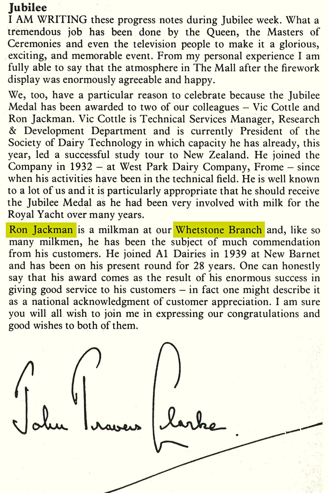 1977 Whetstone milkman Ron Jackman was awarded the Jubilee Medal, and Vic Cottle also receives it.  (Express News Summer)