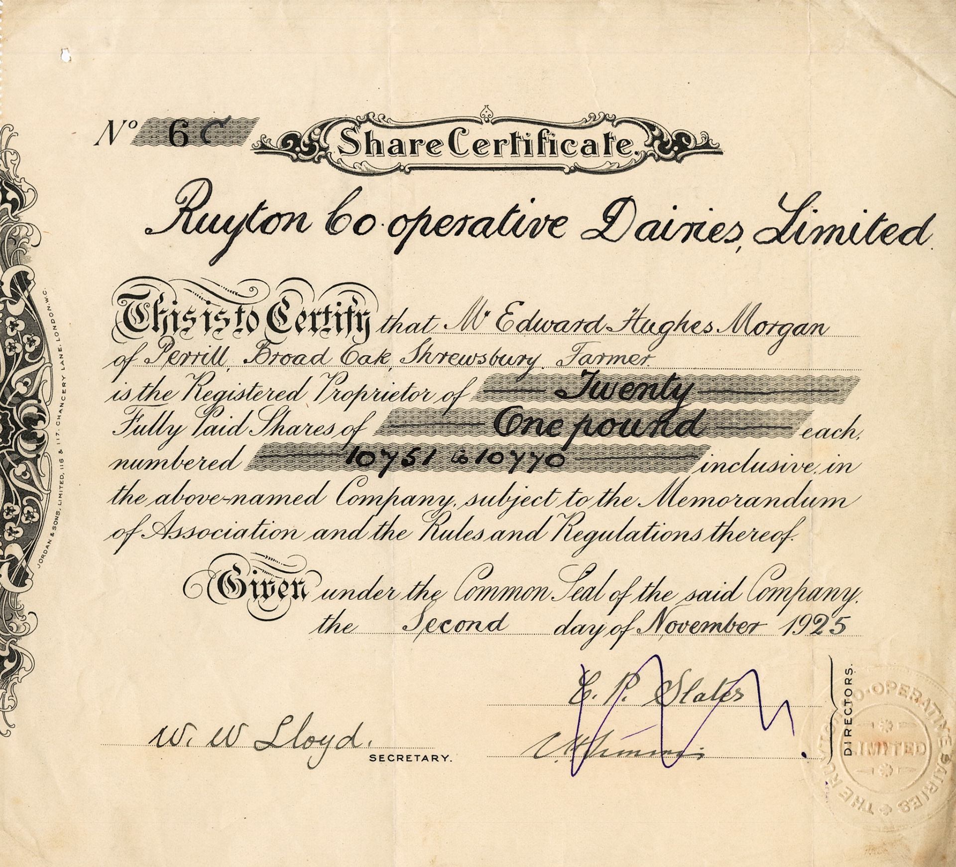 1925 Share Certificate-Mr Edward Hughes Morgan