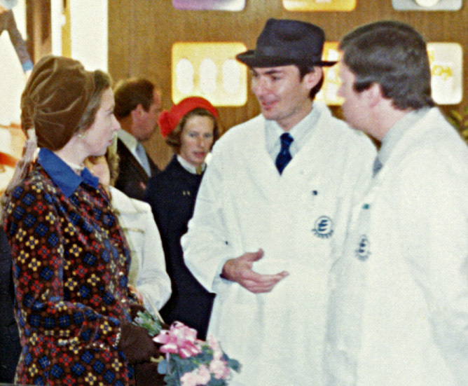 Princess Anne with Peter Roper (Factory Manager) and John Tait (Project Engineer)