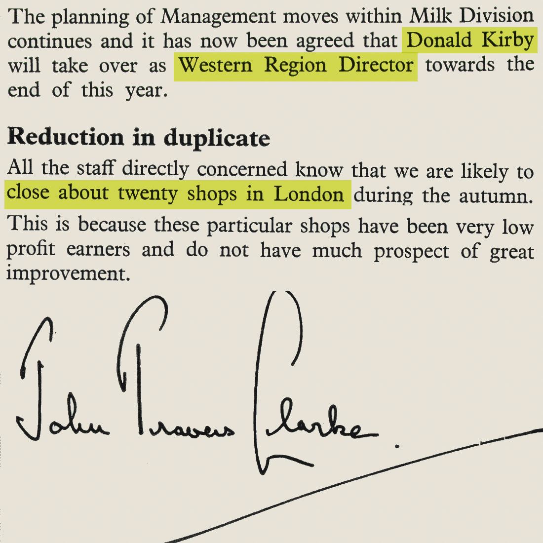 1975 John Travers Clarke announces Don Kirby's move to Western Region Director, and closure of London shops. (Express News Autumn)