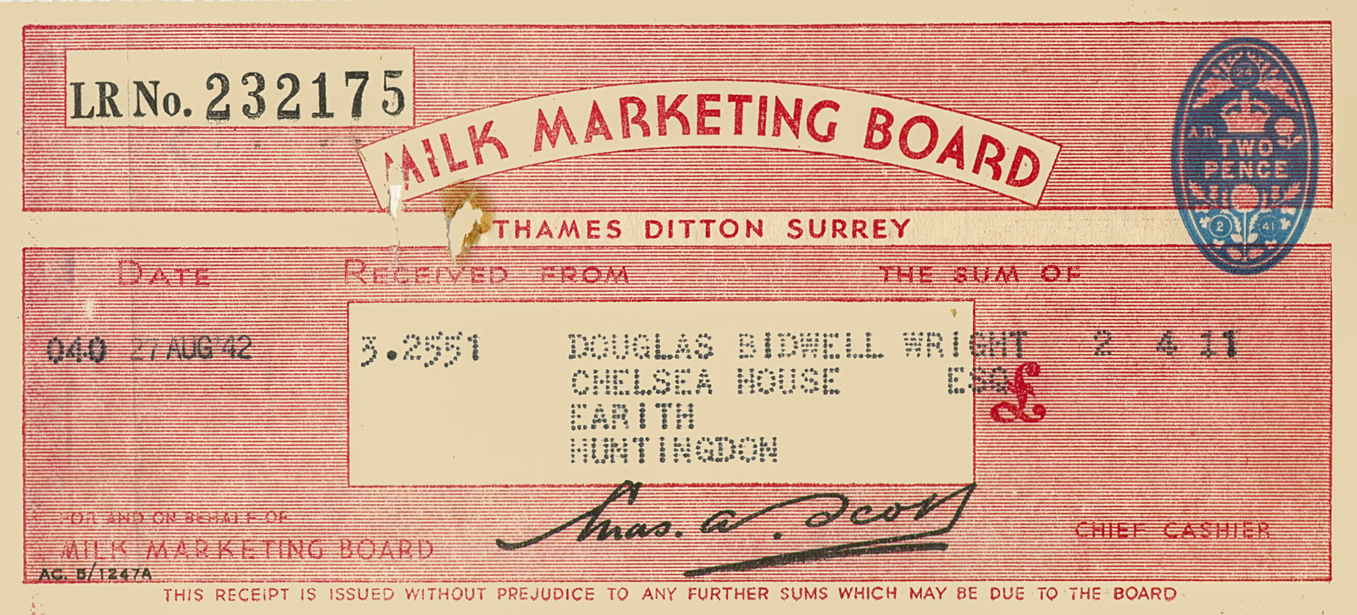 1942 MMB receipt for £2, 4 shillings and 11 pence. (Courtesy Mark Hudson)