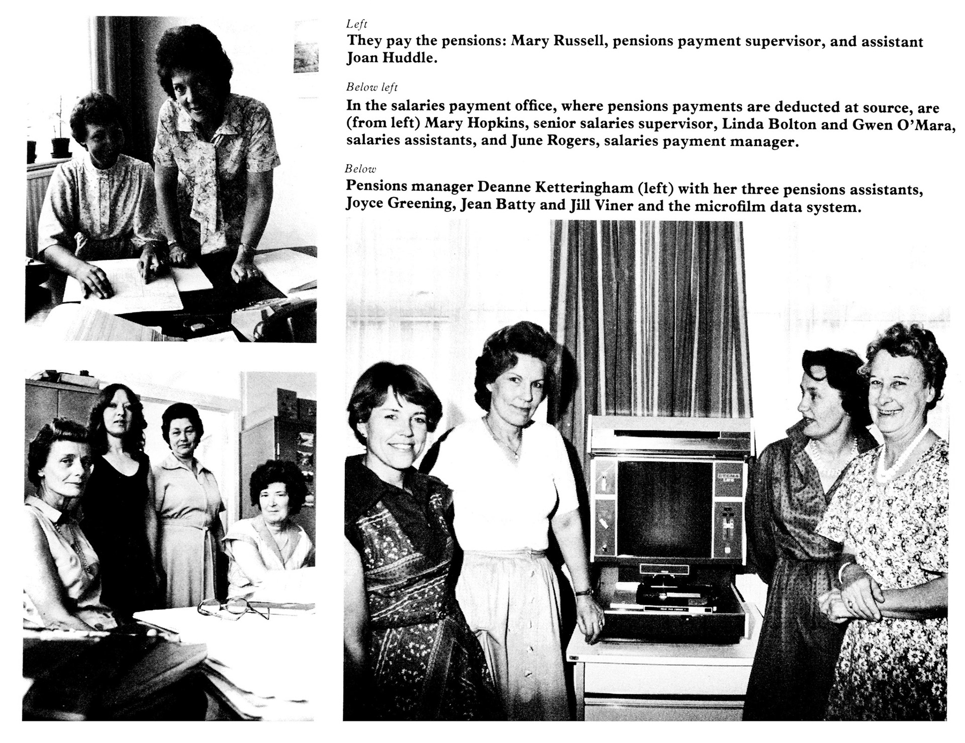 1979 South Ruislip pensions department staff: Mary Russell and Joan Huddle, Mary Hopkins, Linda Bolton, Gwen O'Mara and June Rogers, Deanne Ketteringham, Joyce Greening, Jean Batty and Jill Viner. (Express News Autumn)