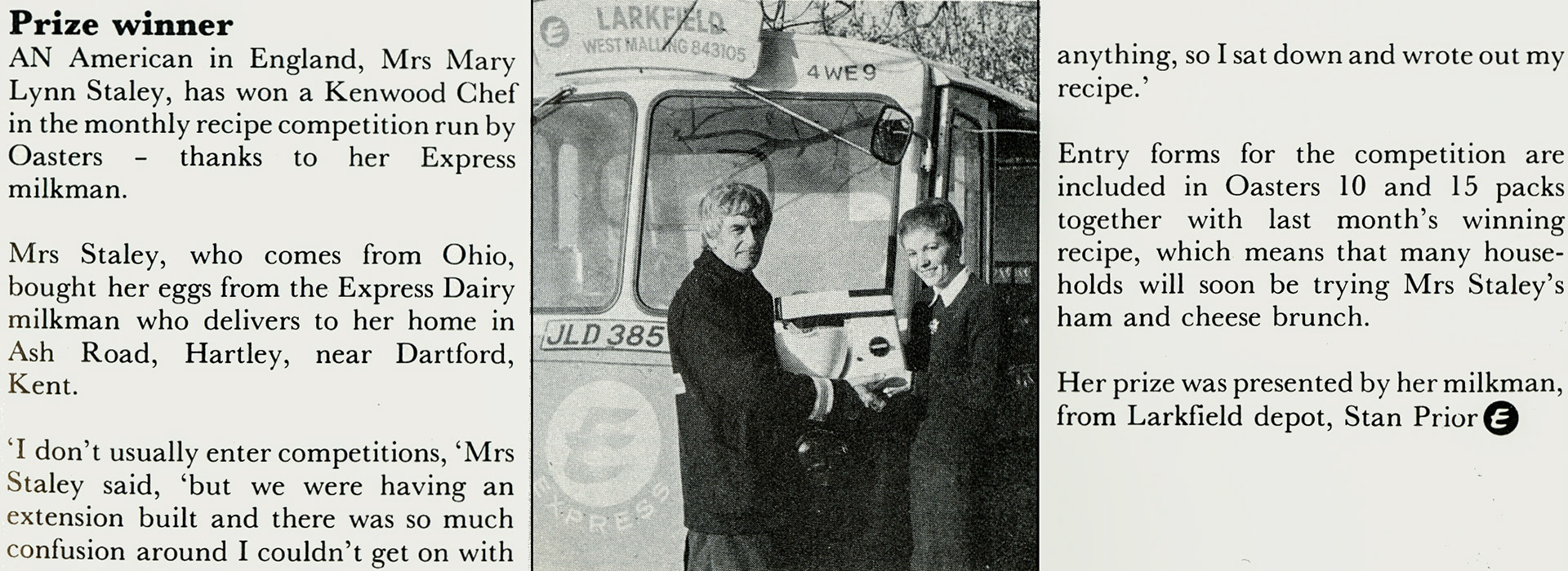 1982 Stan Prior from Larkfield Depot presents his customer Mary Lynn Staley with a prize. Lloyd Porter comments"... going back a bit, depot used to be on A20 London Road next to what is now Morrisons supermarket. Then they moved 2 miles down the A20 to Quarry Wood". Andrew Oliver adds "... I was at Larkfield from Feb 1976 till Aug 1978 then left to go to Bourne and Hillier in Sittingbourne." (Express News February)