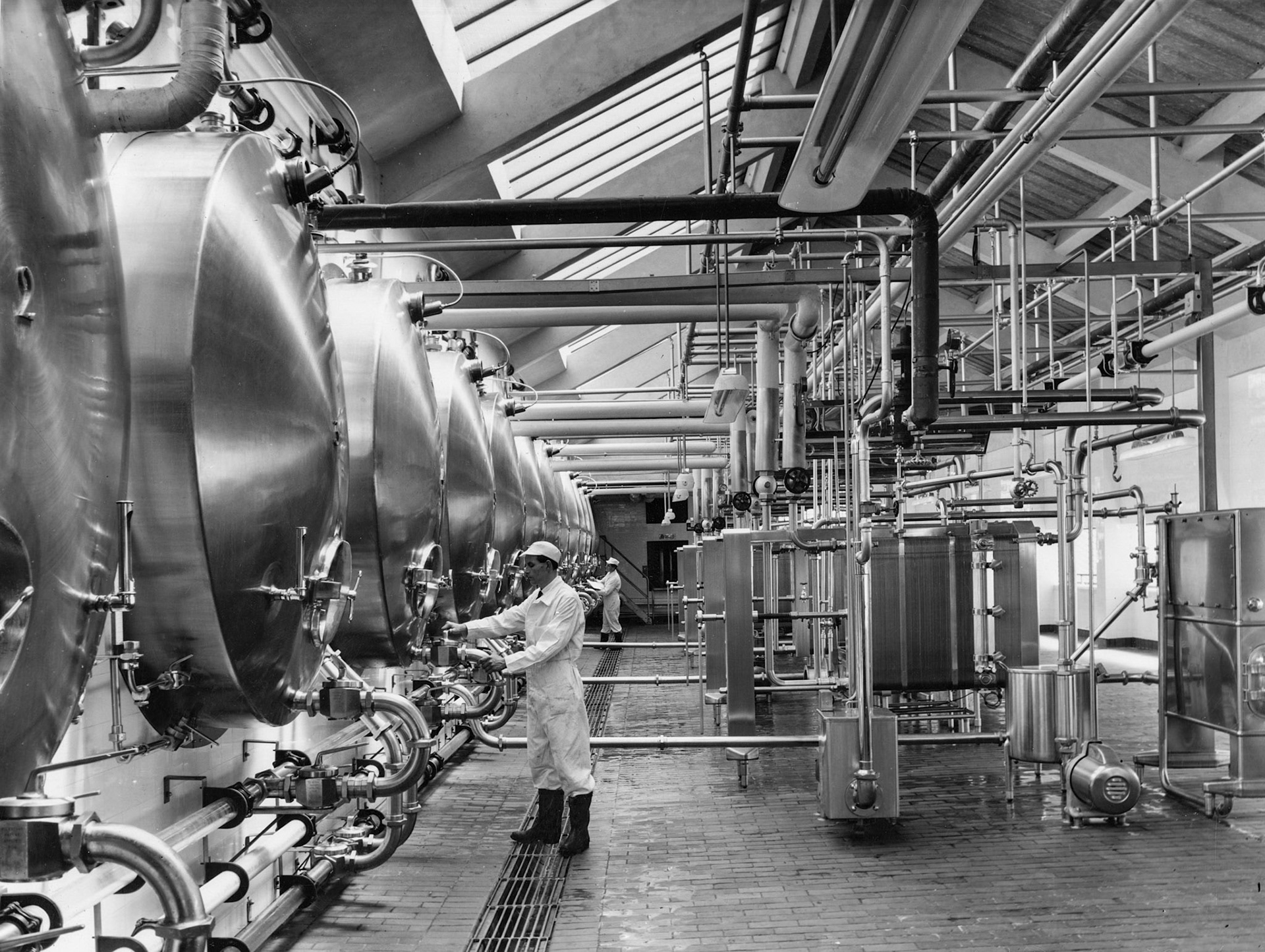 1957 South Morden-Duke of Edinburgh's visit on November 12-Pasteurisng floor. Photo inside back cover, this album was likely presented to the dairyhand shown here. (Courtesy Paul Luke)