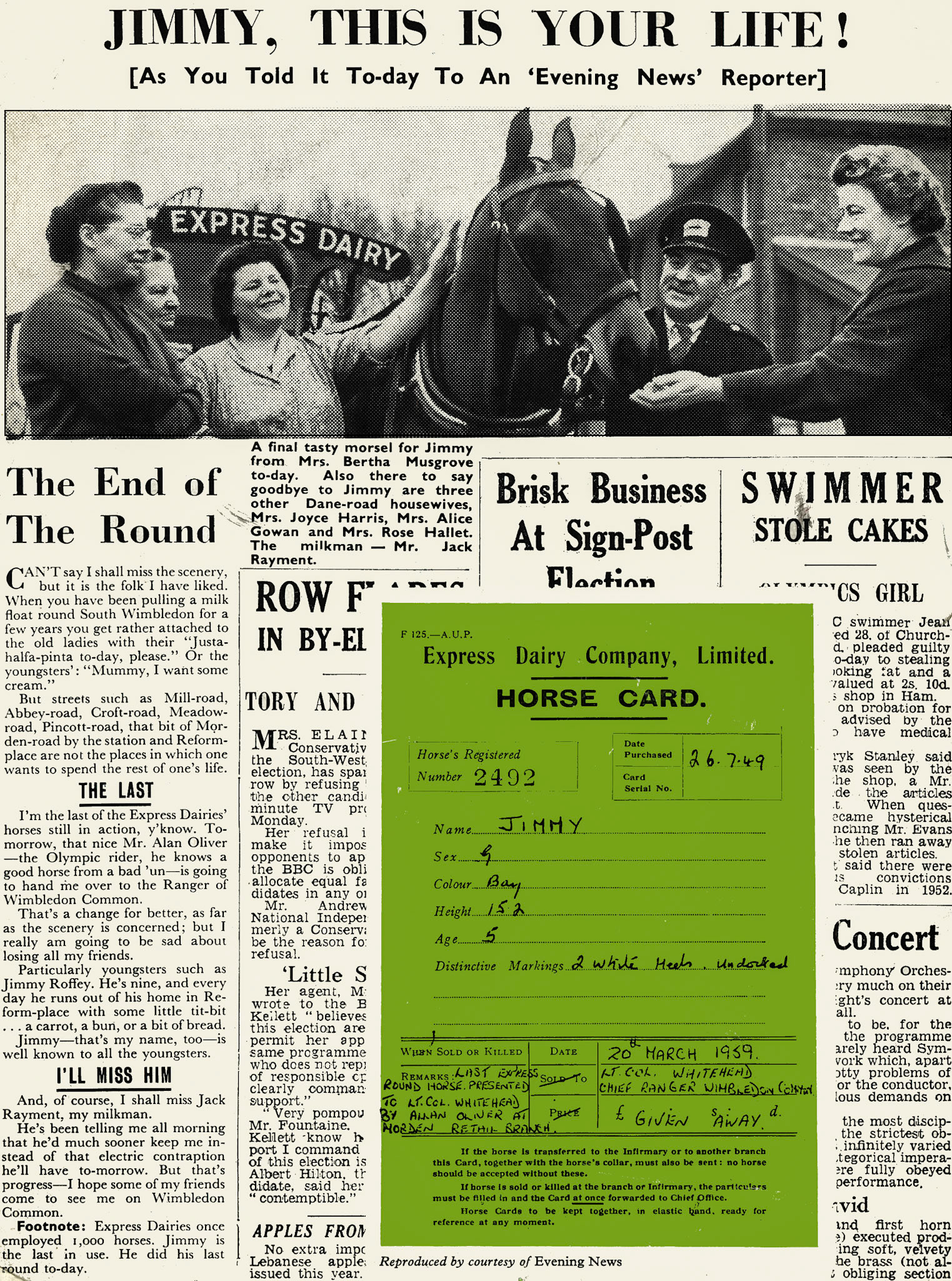 1959 'Farewell to the last horse-drawn milk round' (Express News October)