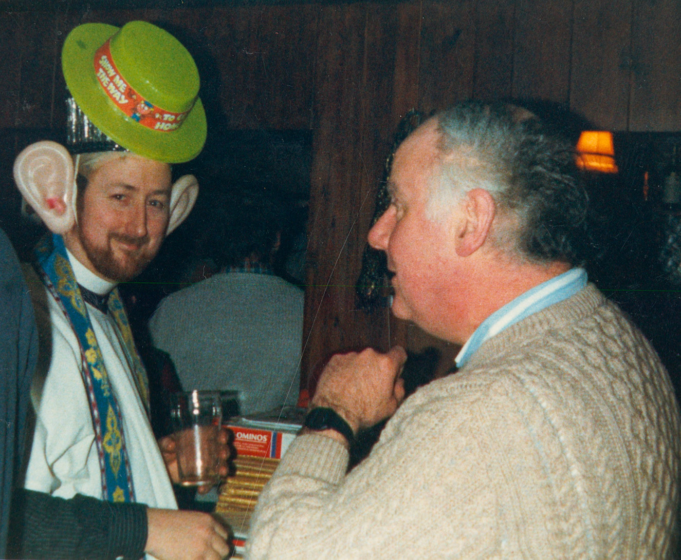 1988 Honiton staff (Stuart Luxton &amp; Tony Moxon) celebrate the first Red Nose Day, Fountain Head Inn, Branscombe, Devon. (Courtesy Tim Pearce)