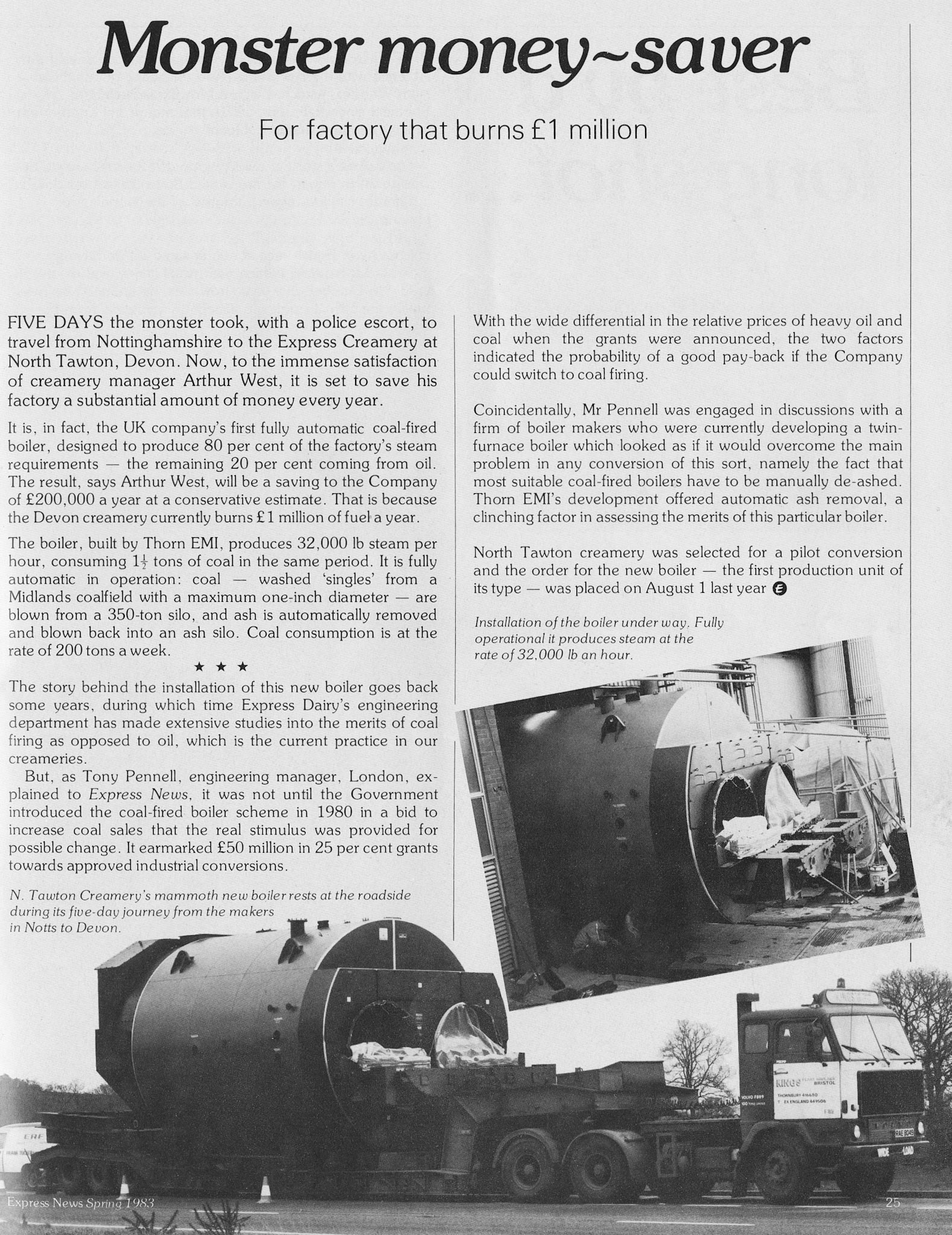 1983 New coal boiler destined for North Tawton on the road from Nottinghamshire