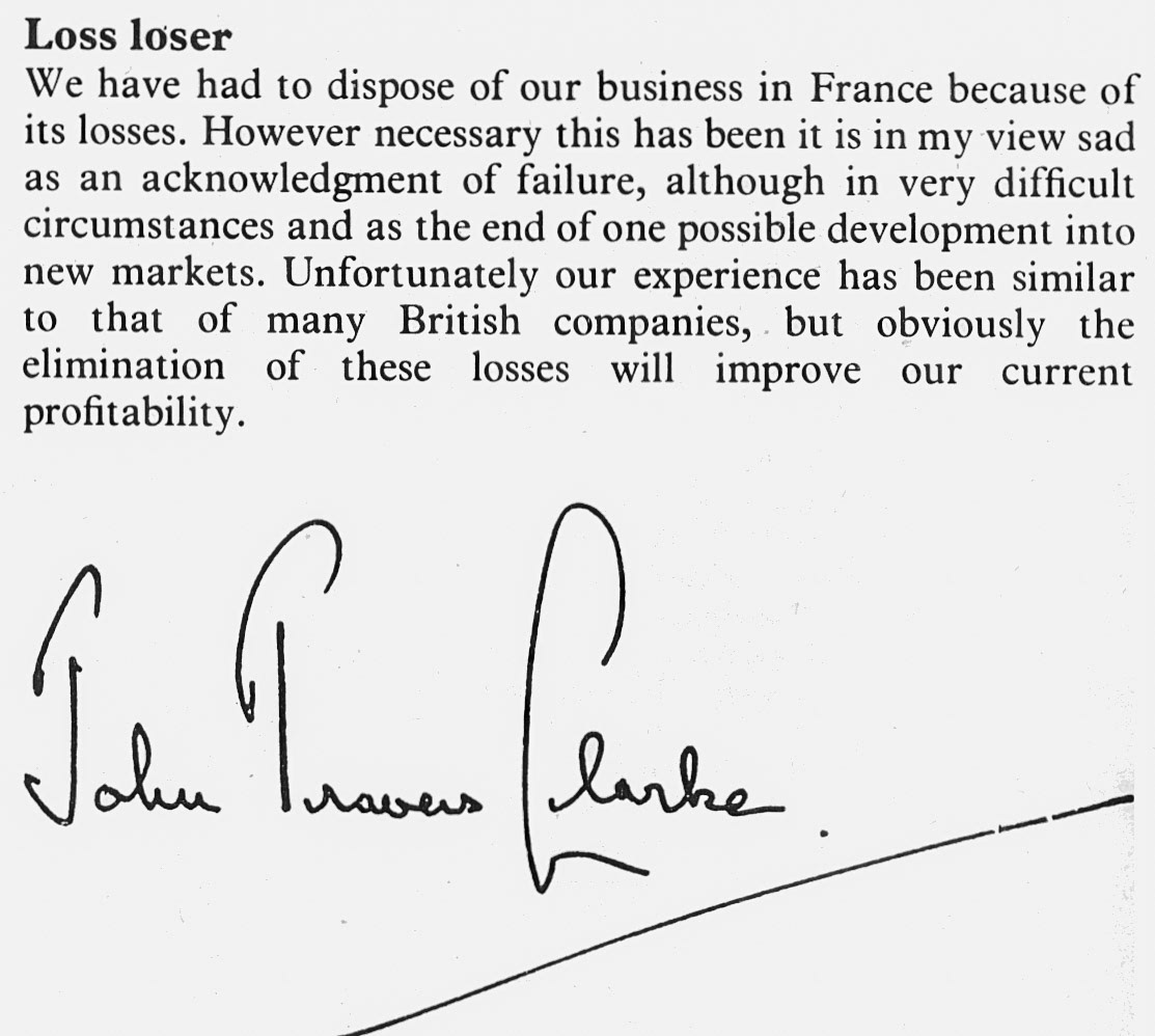 1977 John Travers Clarke announces the disposal of loss-making business in France. (Express News Spring)