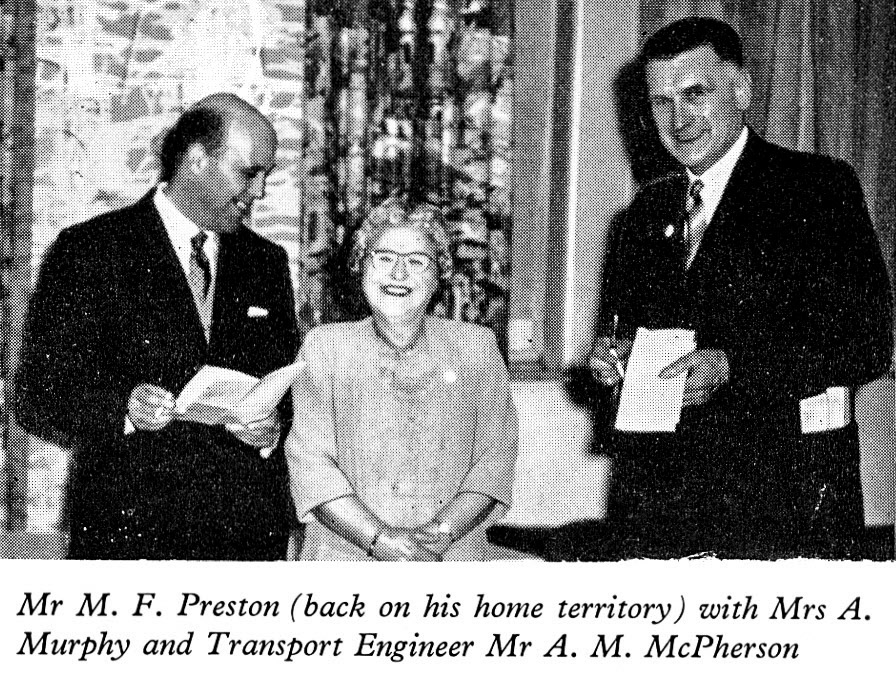 1961 Long Service Dinner at The Grosvenor Rooms, Glasgow. Scottish Farmers staff Mr M.F. Preston, Mrs A. Murphy and Mr A.M. McPherson (Transport Engineer). (LSA Annual Review)