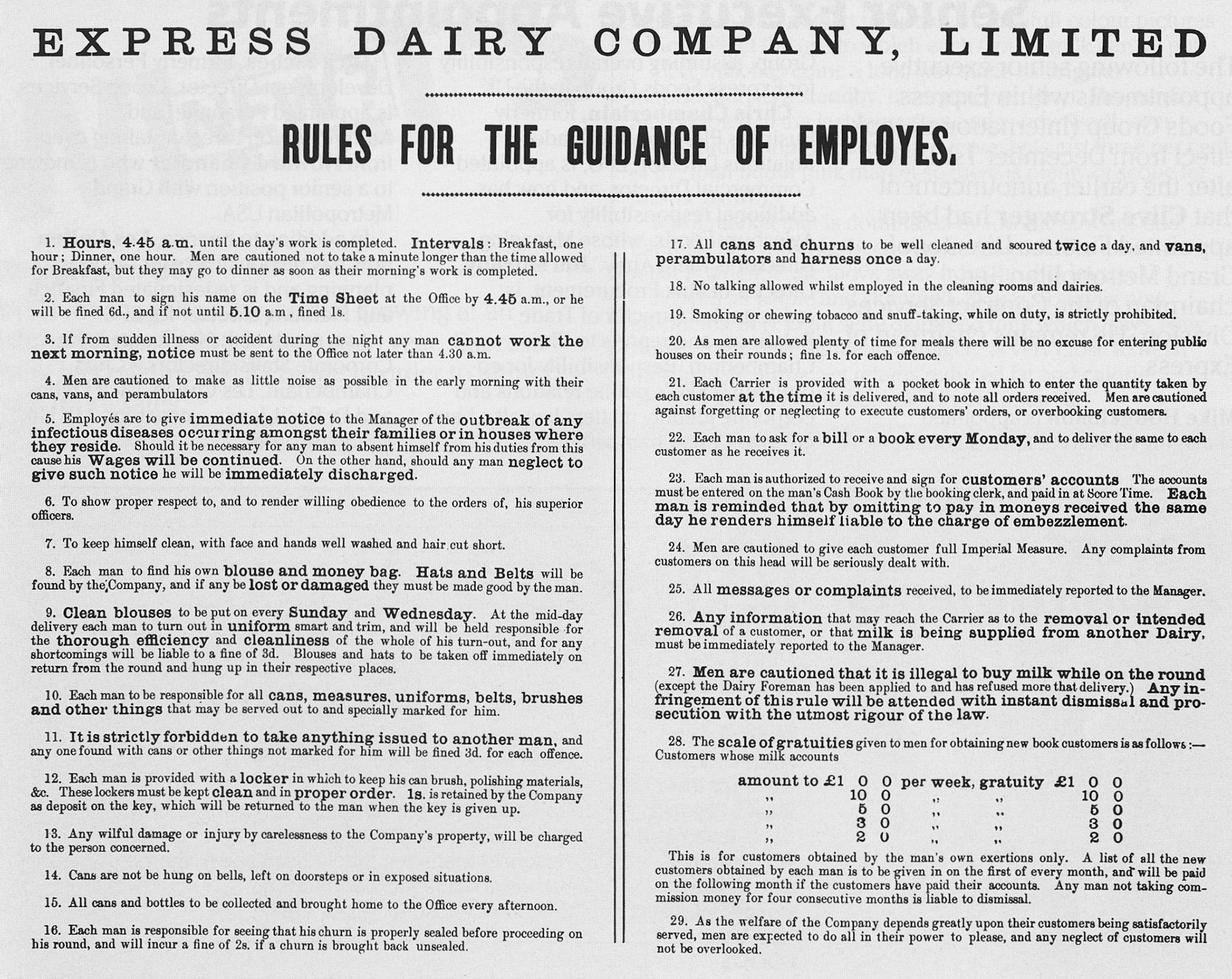 1900's - Express Dairy employee rules