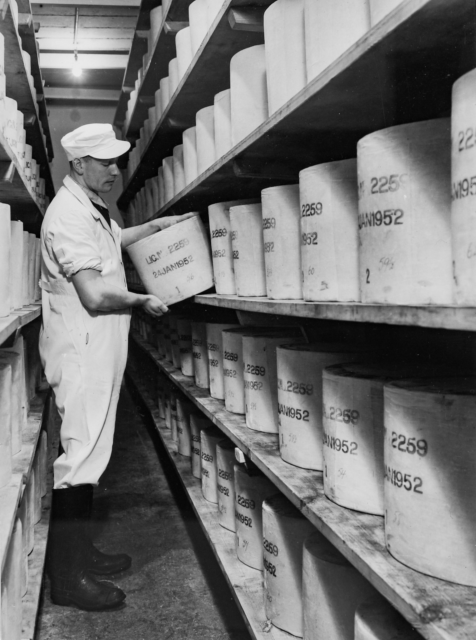 1950's Rowsley Dairy Cheese Store. (Courtesy Derbyshire Record Office, donated in March 1985; they had previously belonged to the donor's father, who was an electrical engineer with the dairy.)
