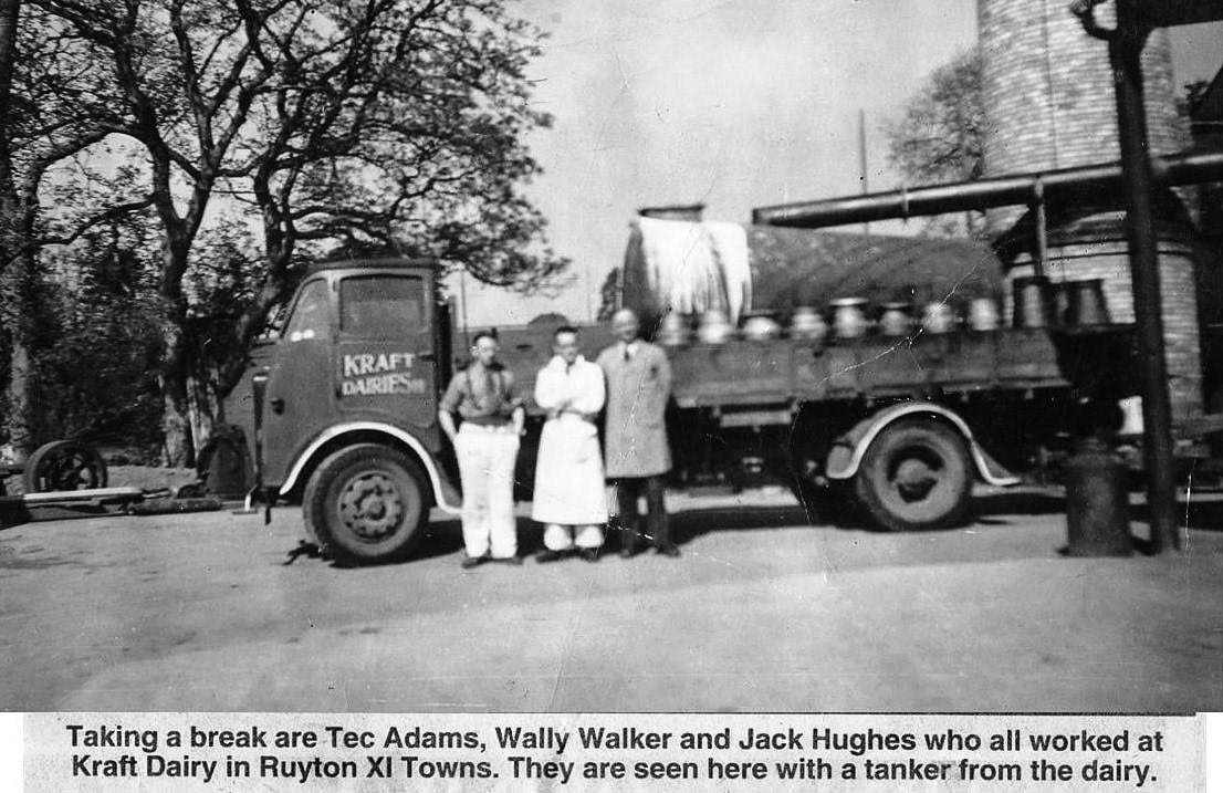1940's Kraft Dairy in Ruyton XI Towns-Tec Adams, Wally Walker and Jack Hughes. (Courtesy Margaret Lycett, Chris Edge & Pete and Sue Corfield, Ruyton Revisited FB Group)