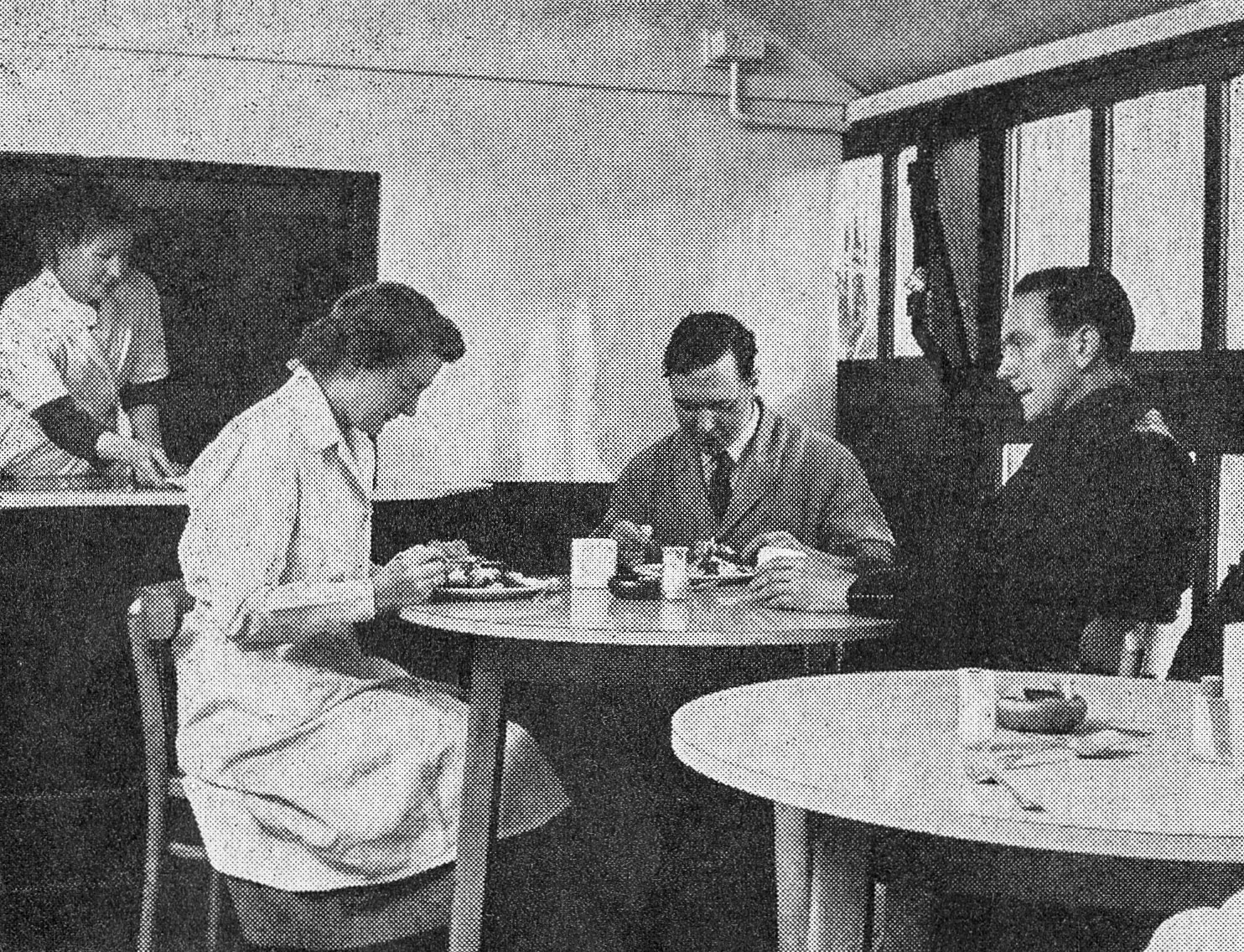 1956 Rowsley Canteen Manageress Mrs Billington, Chief Clerk Miss L Burdekin, Churn Driver Joe Dakin with Stan Marsden. (Express News April)
