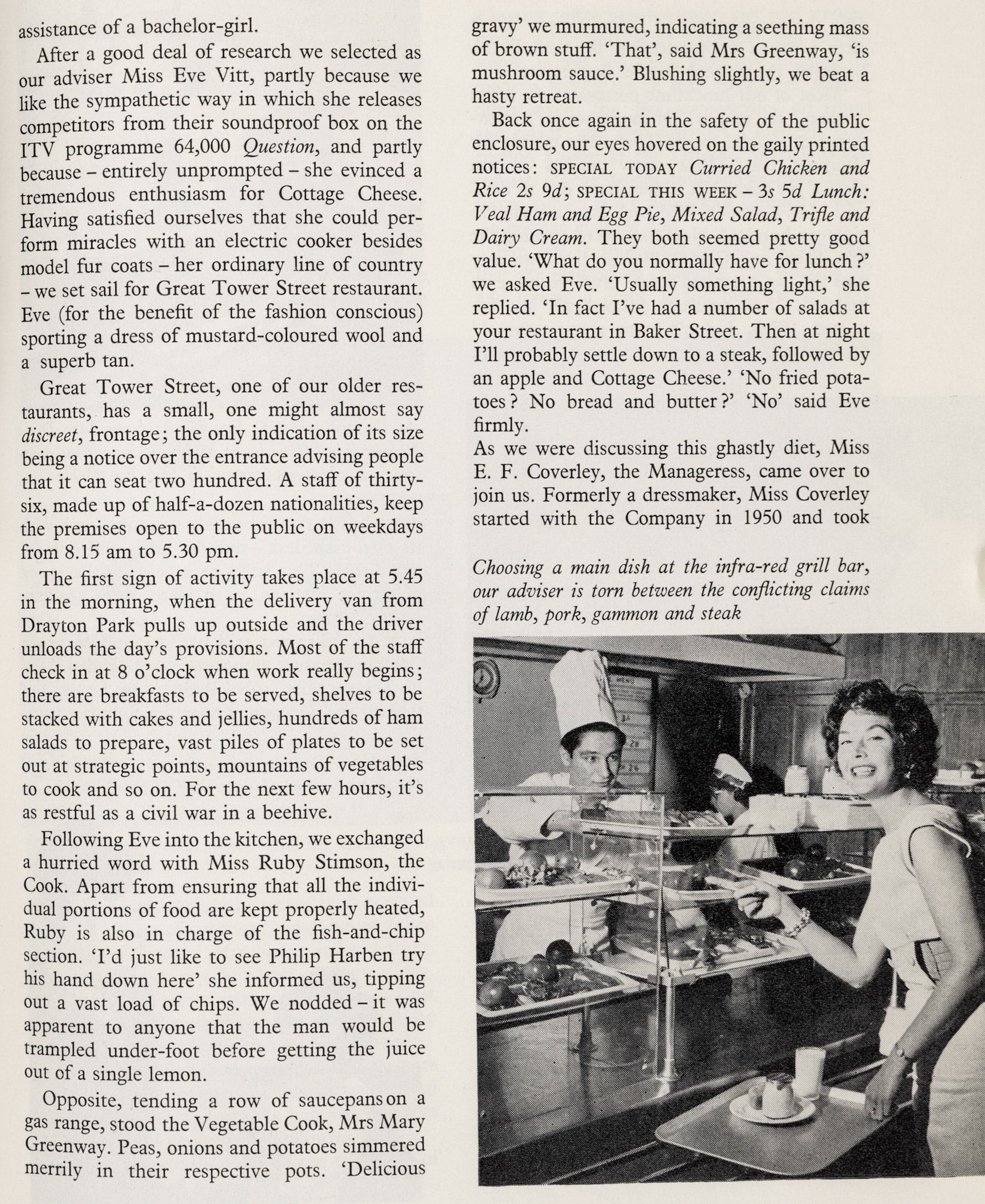 1957 Feature about Express's Great Tower Street restaurant, employing 36 staff, and supplied from Drayton Park. Great Tower Street is just West of the Tower of London. (Express News Autumn)