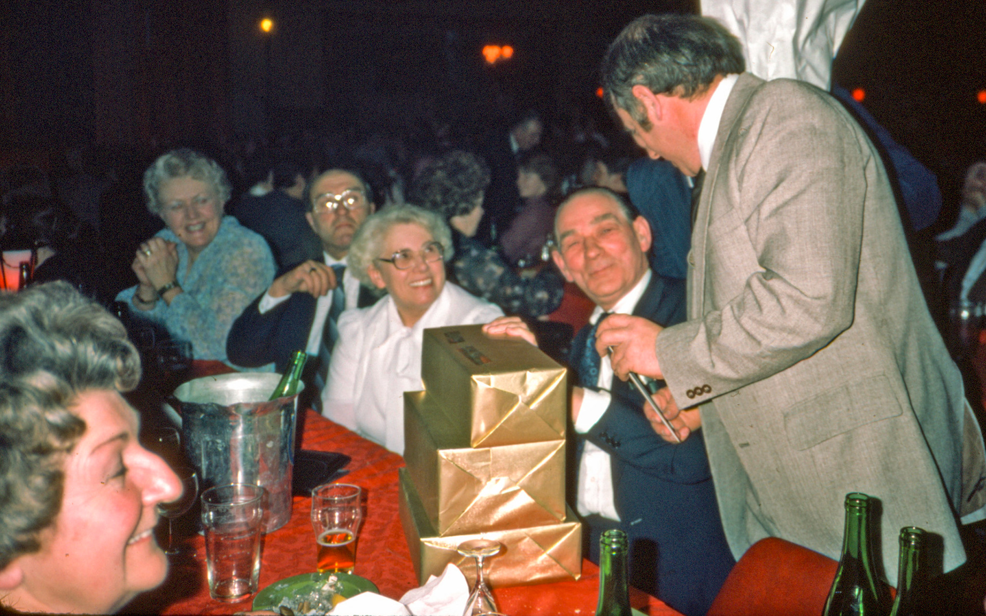 1980 South Morden-Dairy Re-equip staff celebration at Lakeside, Camberley-?, ? Joan Wilkinson, ?, ? Office, 'Mac' Sennett, ? (Express Dairy Tales collection)