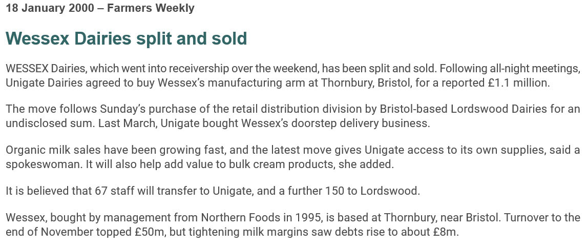 2000 Wessex Dairies, Thornbury, split and sold (Courtesy Farmers Weekly)