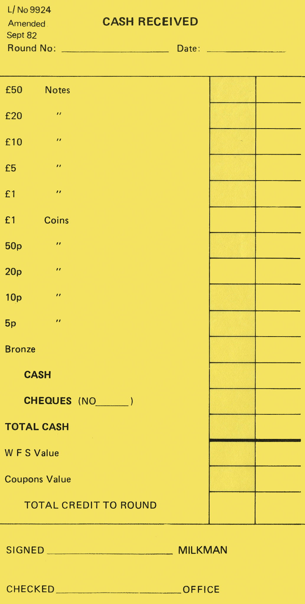 1982 Milkman's cash received form (Courtesy Michael Aldread)