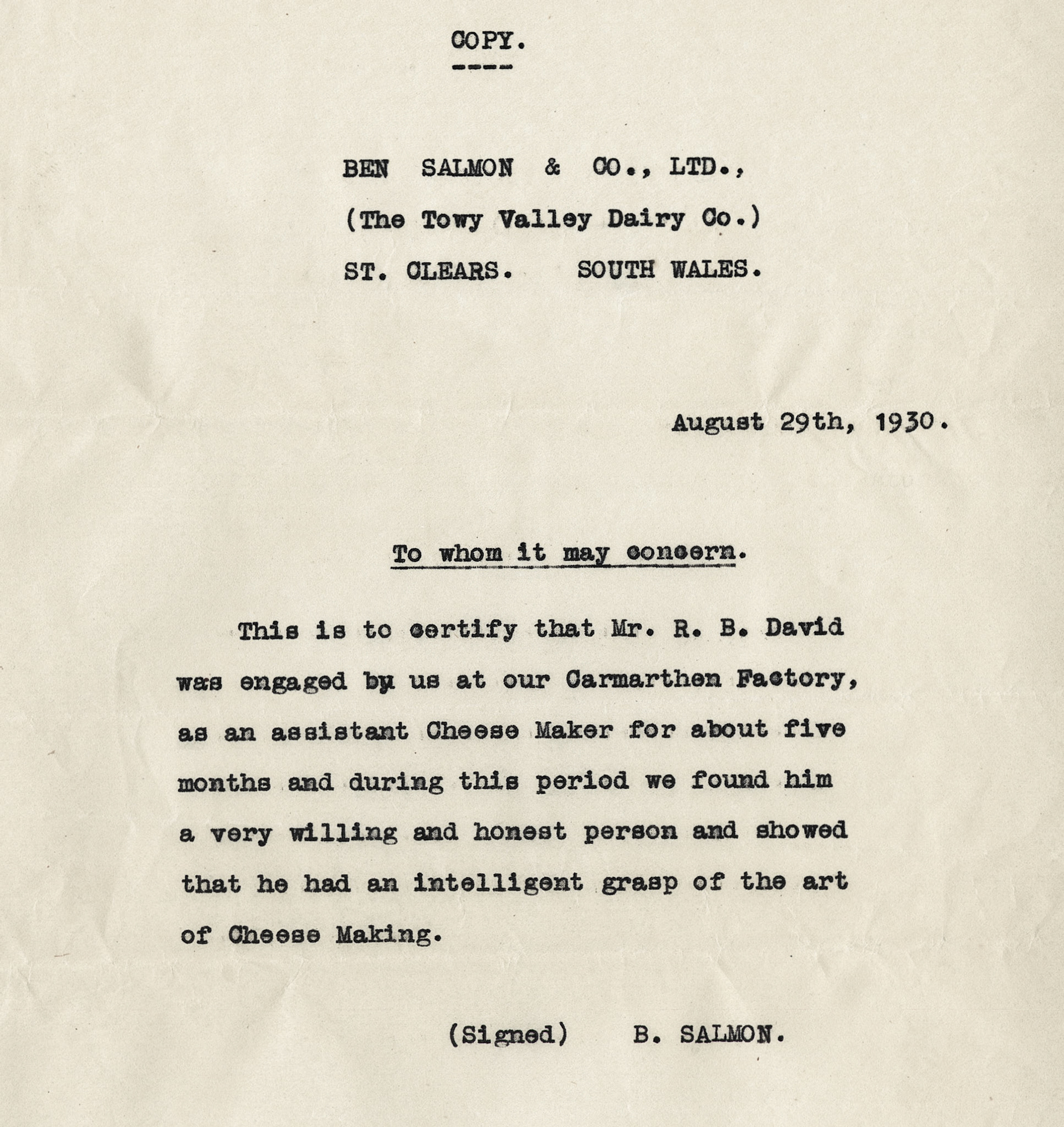 1930 Ruyton Co-operative Dairies-Cheesemaker Job Applications-Mr R.B. David