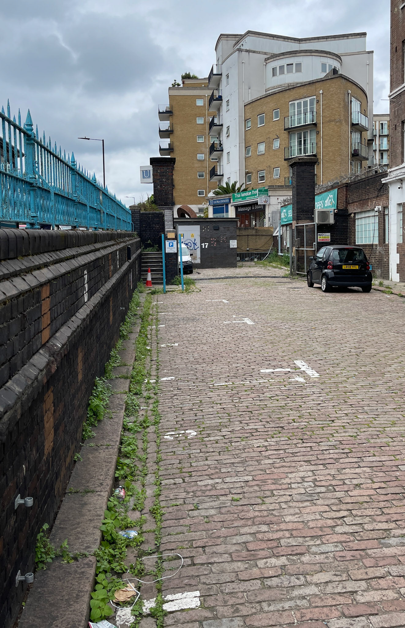 2023-Rossmore Road. This was the side road leading to the Eden Vale Depot, and old rail siding. Previously 'Independent Milk Supplies' Depot, I believe. Was a useful place to park, otherwise it was the underground NCP Car Park behind this location-now a self store warehouse.