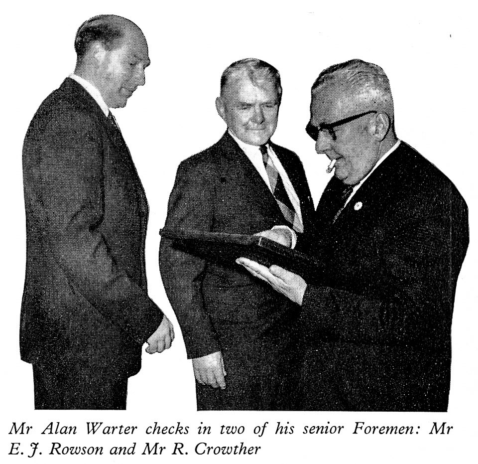 1961 Long Service Dinner at The Grapes Hotel, Shrewsbury, with Minsterley staff: Mr A. Warter with Foremen Mr E.J. Rowson and Mr R. Crowther. (LSA Annual Review)