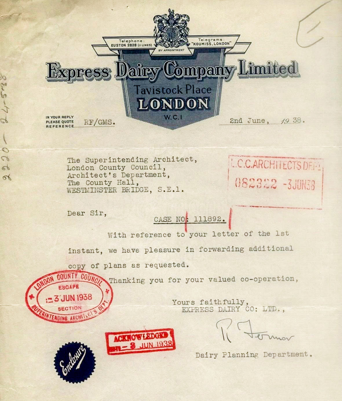 1938 Letter from the 'Dairy Planning Department' at Tavistock Place to the LCC. (Courtesy Michael Aldread)