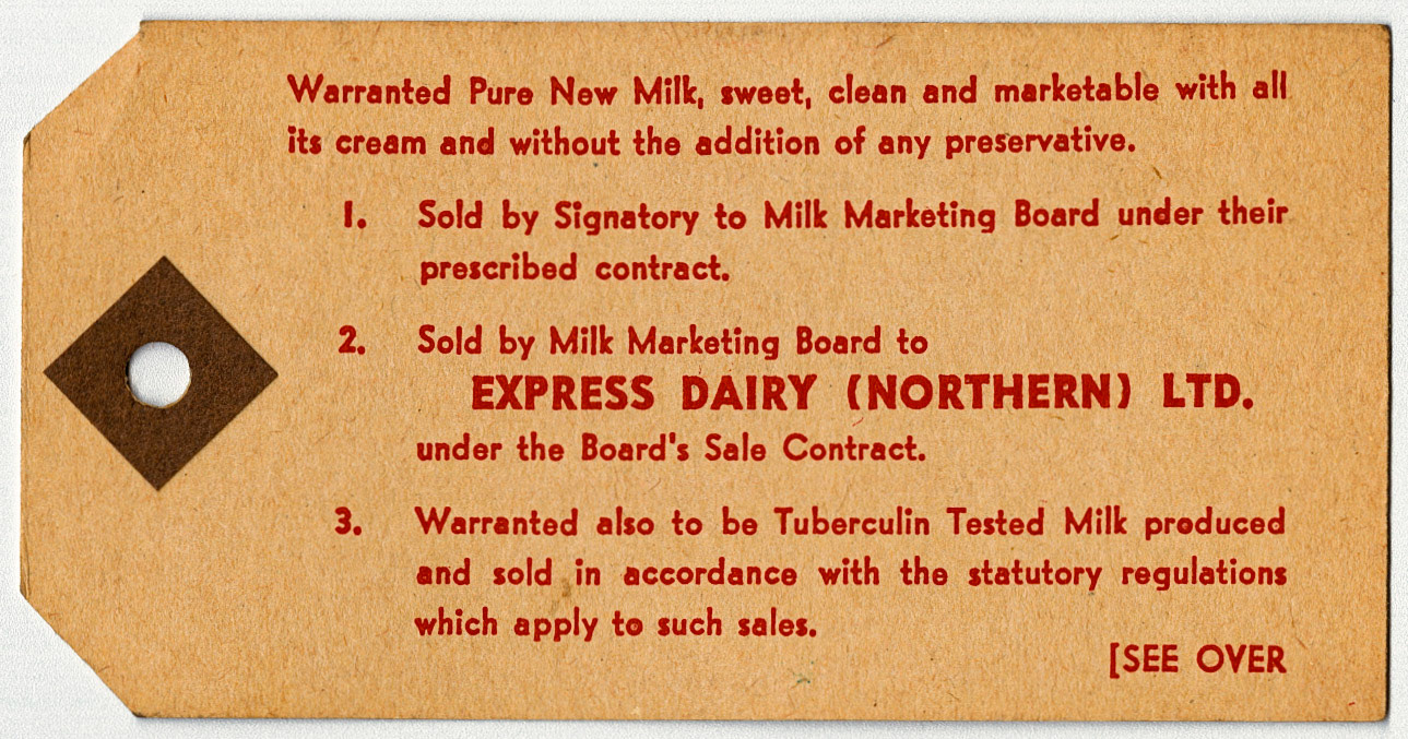 1950's Milk Churn label, reverse side. These were attached to a small circular lug on the neck of milk churns, to identify the farm and total consignment. (Courtesy Michael Aldread)