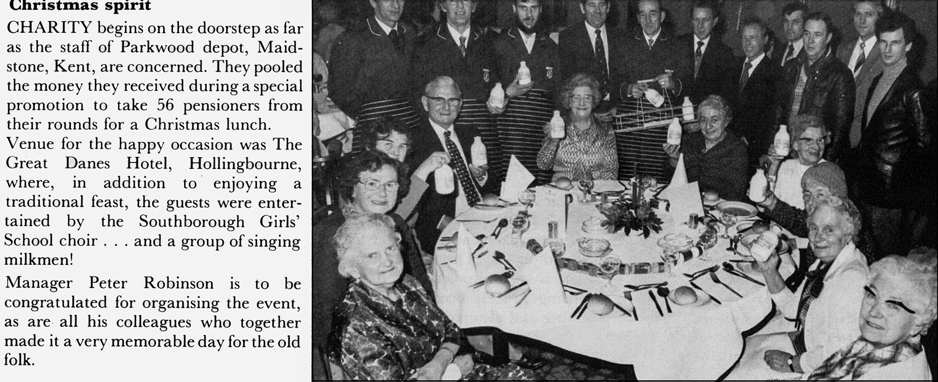 1981 Parkwood staff use their promotion awaard to take local pensioners for lunch, organised by manager Peter Robinson.  (April Express News)