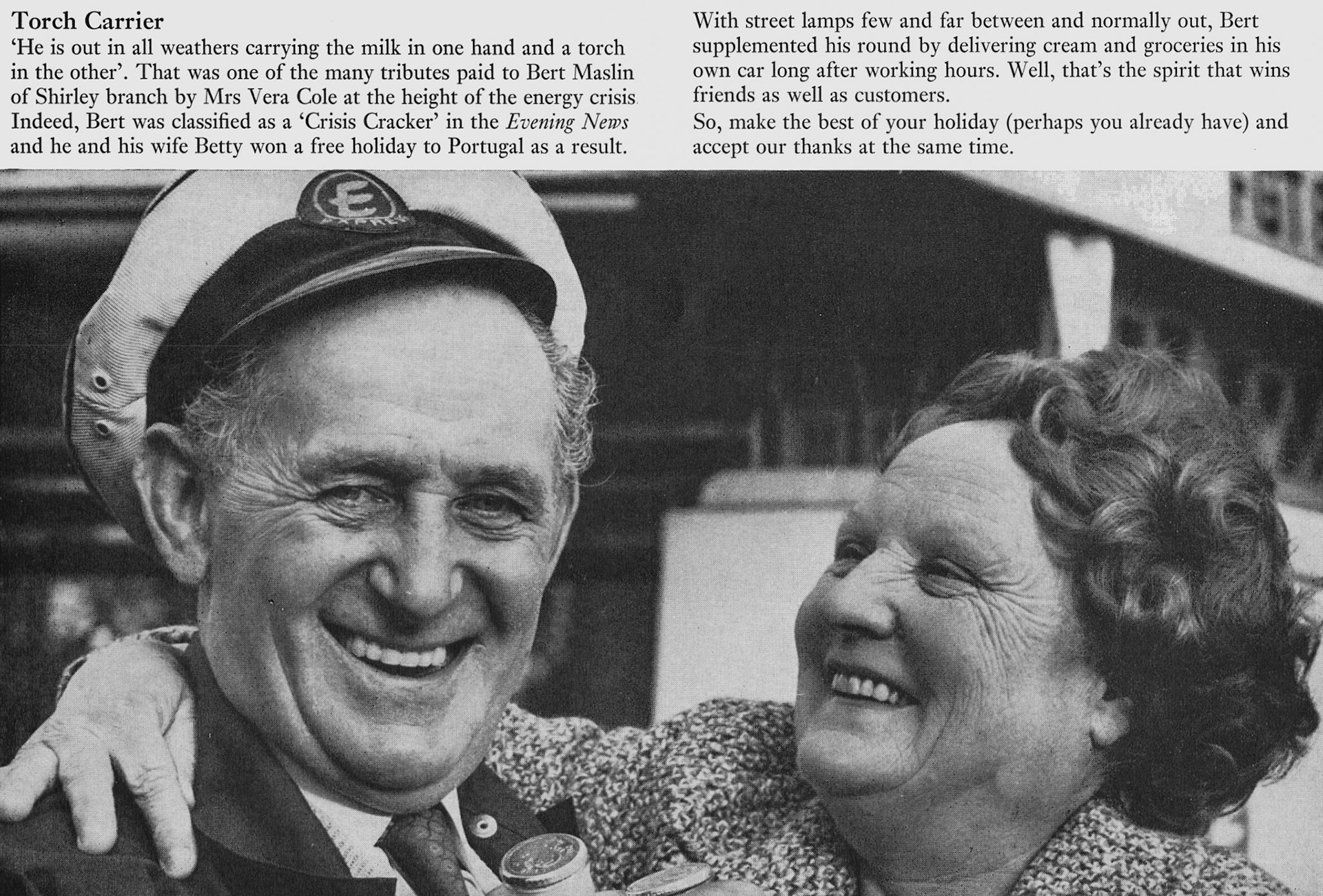 1974 Shirley milkman Bert Maslin receives praise and wins a free holiday.  (Express News Summer)