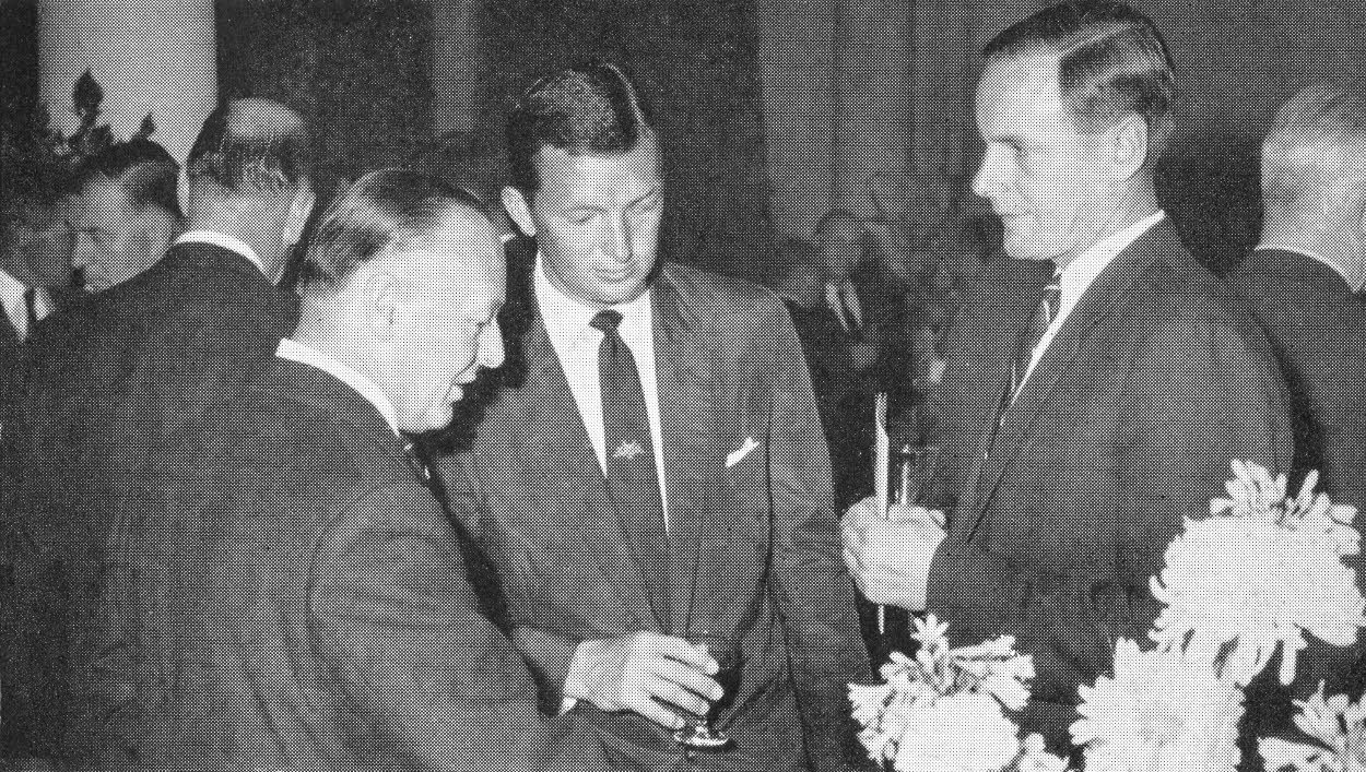 1962 'Grand Hotel' Scarborough with W.E.D. Bell celebrating the anniversary of the first cricket Test Match with Richie Benaud and Peter May. The original event in Australia was organised by Felix Spiers and Christopher Pond. (From Express Story 1864 - 1964)