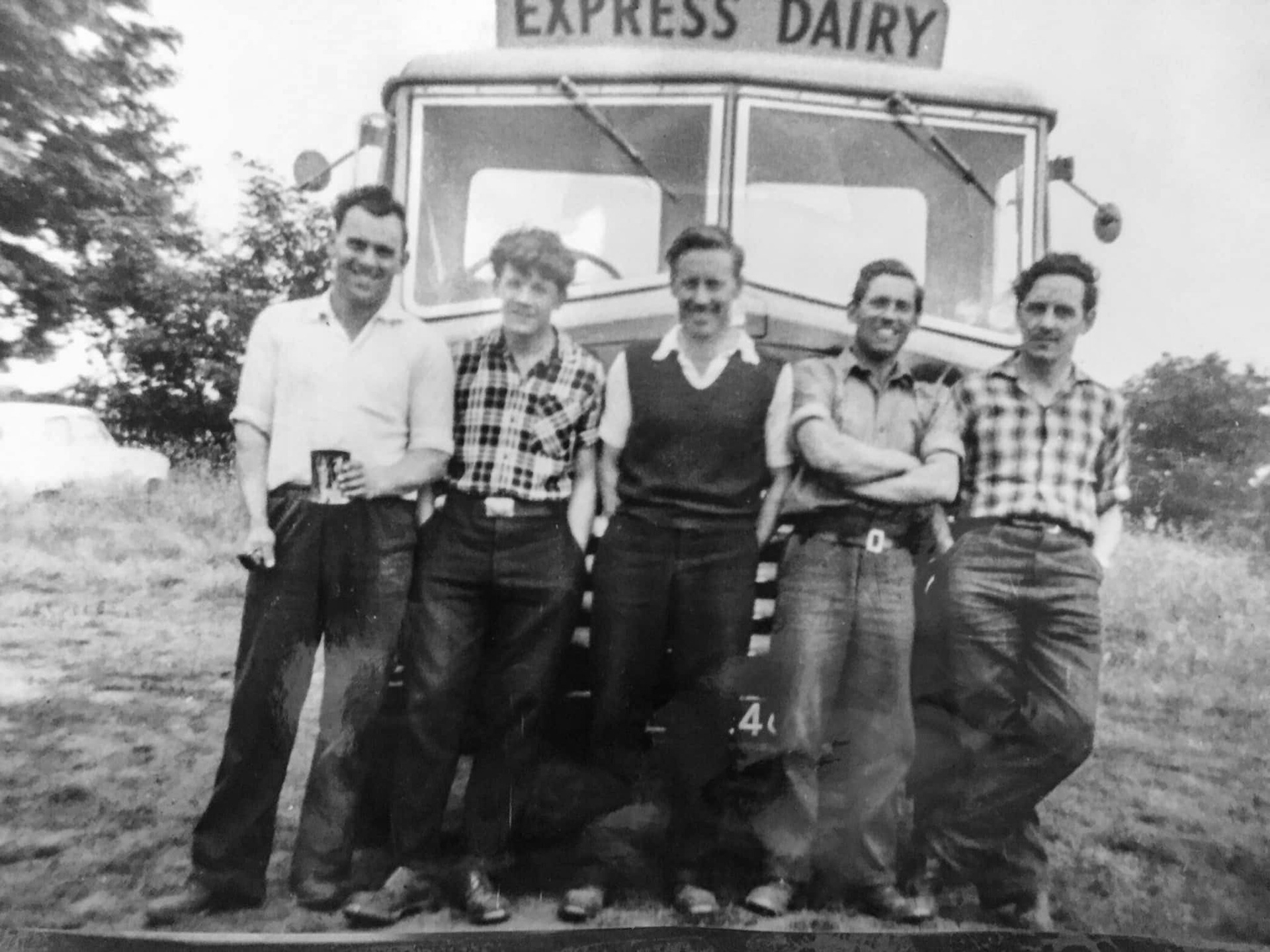 1950's Appleby drivers - Iain Dargue writes 'The last one of this motley crew died recently...Derek Powell on the left. Next to him is Bruce Alderson, then Len Potts, Arthur Dargue (my Dad) and Eric Potts, twin brother of Len. All drove collection trucks at Appleby. Eddie Potts comments "One driver missing from the photo is Brian Ousby". Enid Fisher and Margaret Morland both comment that they knew them all. (Courtesy Iain Dargue)