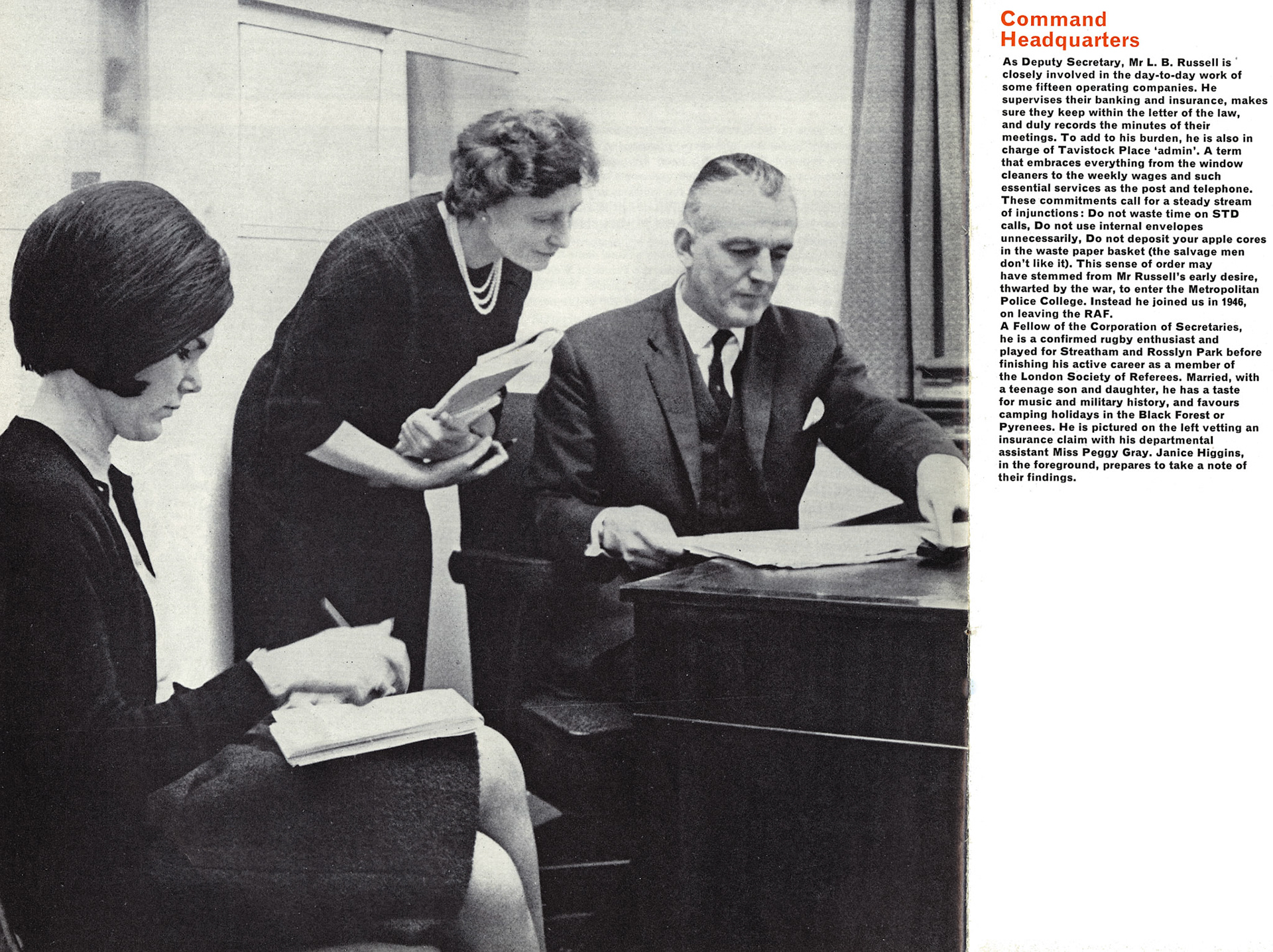1966 Chief Office, Tavistock Square-Mr LB Russell (Deputy Company Secretary) with Miss Peggy Gray and Janice Higgins taking notes.